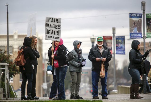 Employees of the Snohomish County Clerks Office staged a one-day walkout in March. (Dan Bates / The Herald, file)