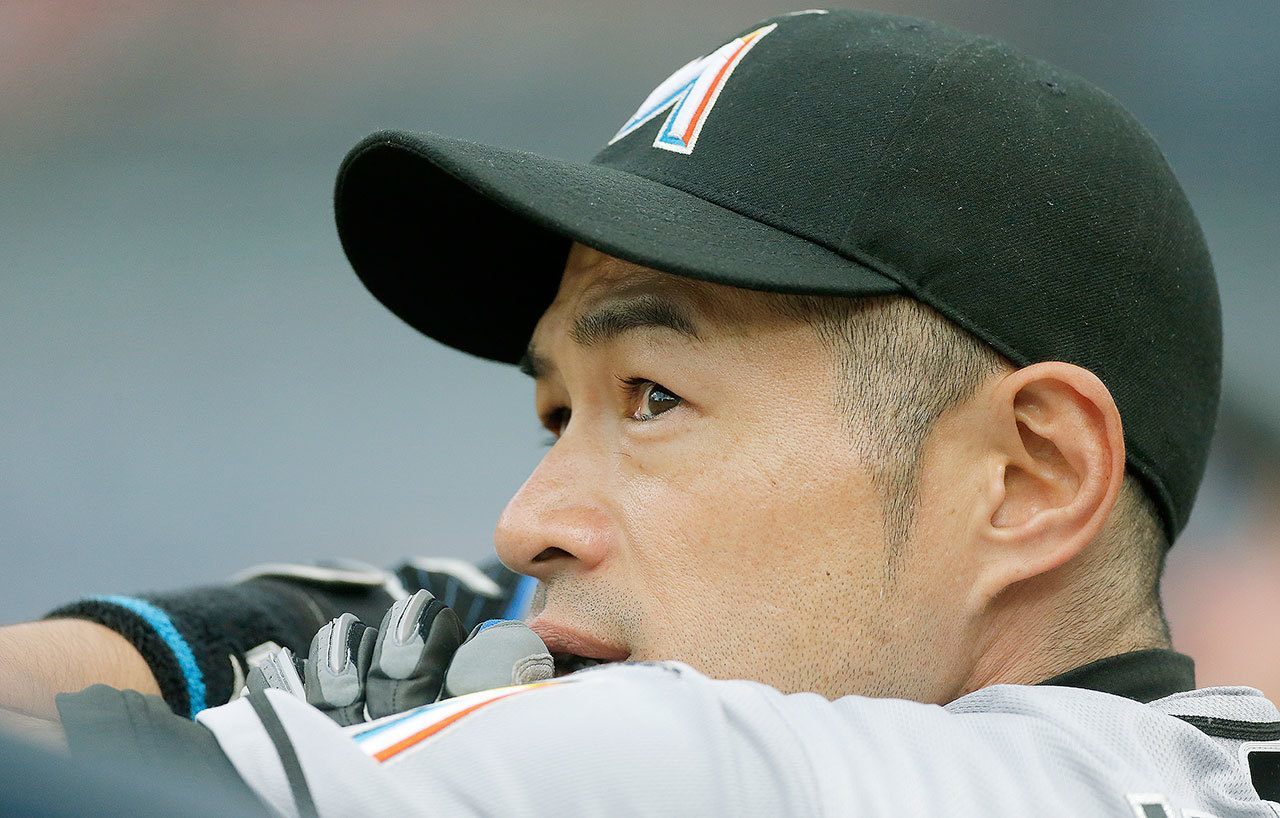 Miami Marlins center fielder Ichiro Suzuki is 12 hits away from 3,000 in his major-league career. (AP Photo/John Bazemore)