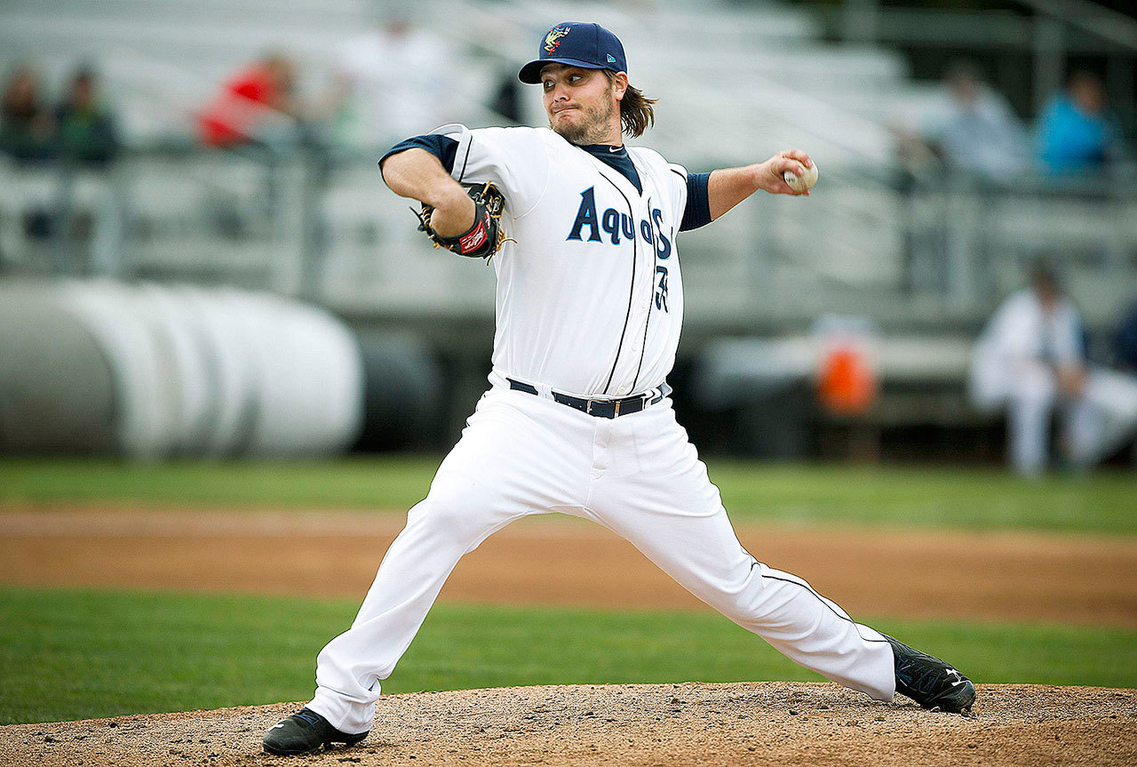 Mariners starting pitcher Wade Miley pitched four inning in a rehab start for Everett in the AquaSox’s game against the Boise Hawks on Friday night. Miley allowed no hits and struck out seven, throwing 54 pitches. (Ian Terry / The Herald)