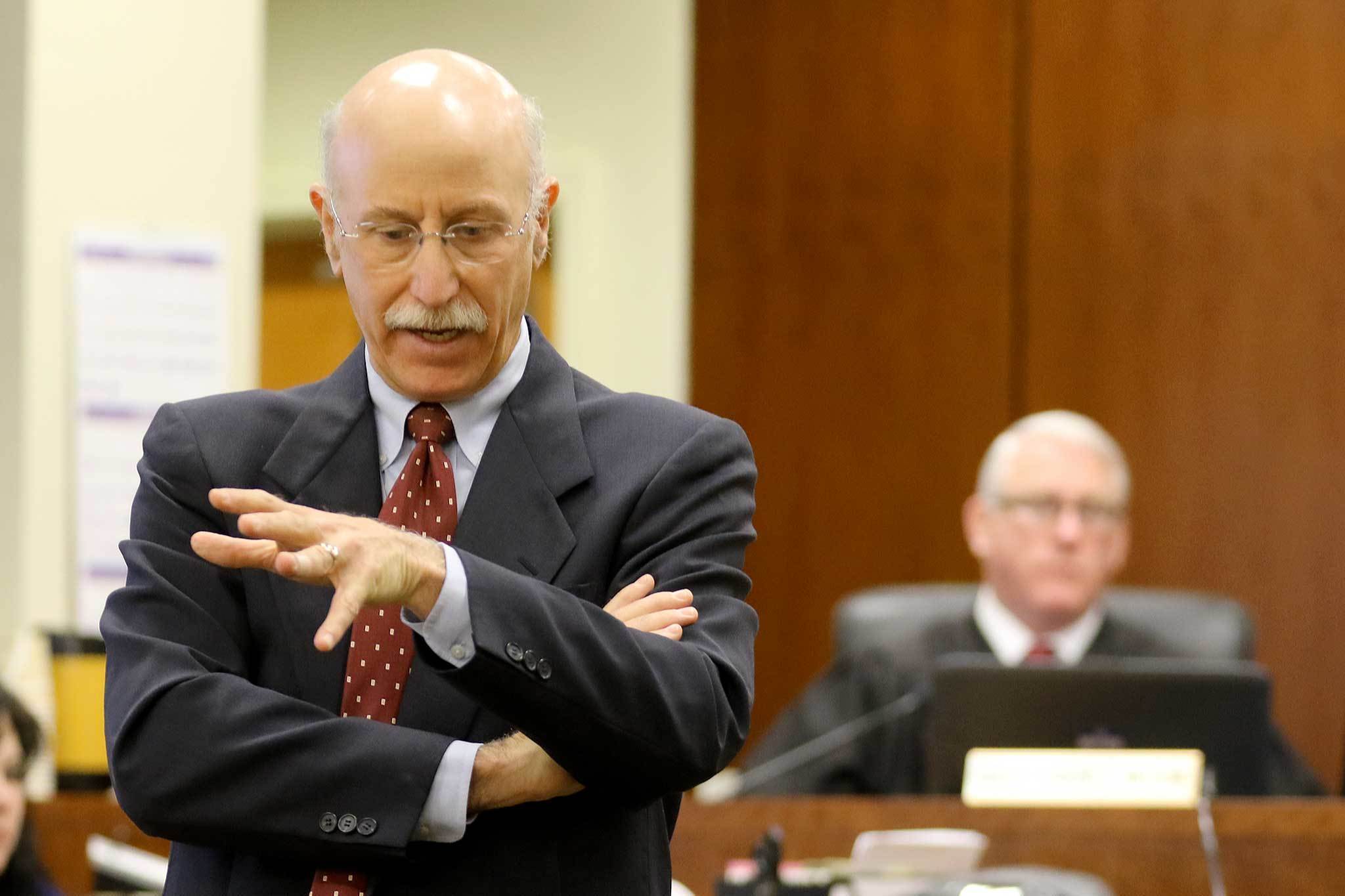 Paul Stern, Snohomish County deputy prosecutor, delivers opening statements on Feb. 24 in the trial of David Morgan, at the Snohomish County Courthouse in Everett. Morgan was ultimately convicted of beating his ex-wife and setting her on fire. (Kevin Clark / The Herald)