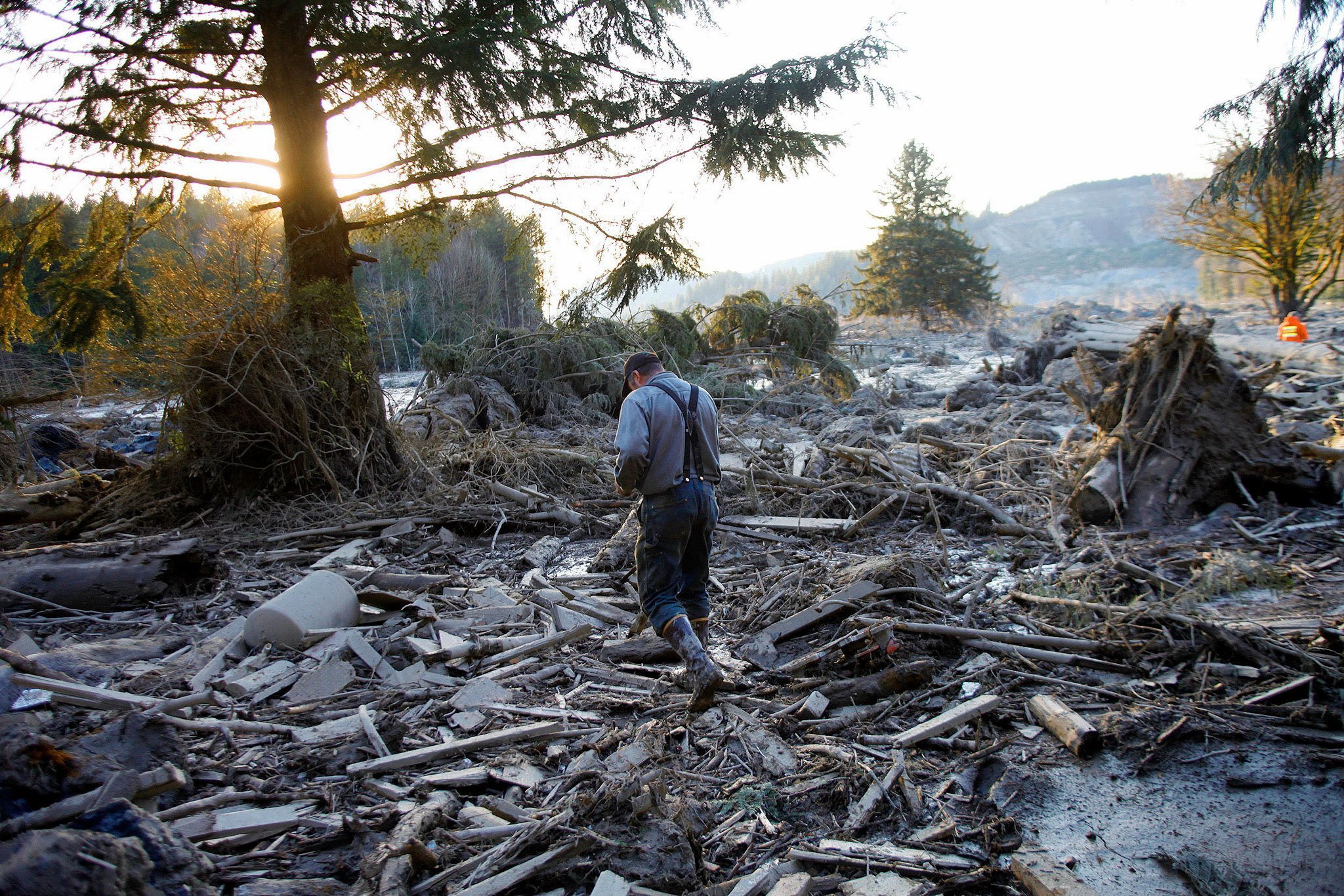 Scott and Erika Morris of the Darrington Historical Society have been working with UW students for a year now on archiving information and images on the Oso mudslide. Photos like this one of Steve Skaglund walking across the rubble of the fatal mudslide on March, 23, 2014, are part of the website’s photgraphic record. (Genna Martin / The Herald)