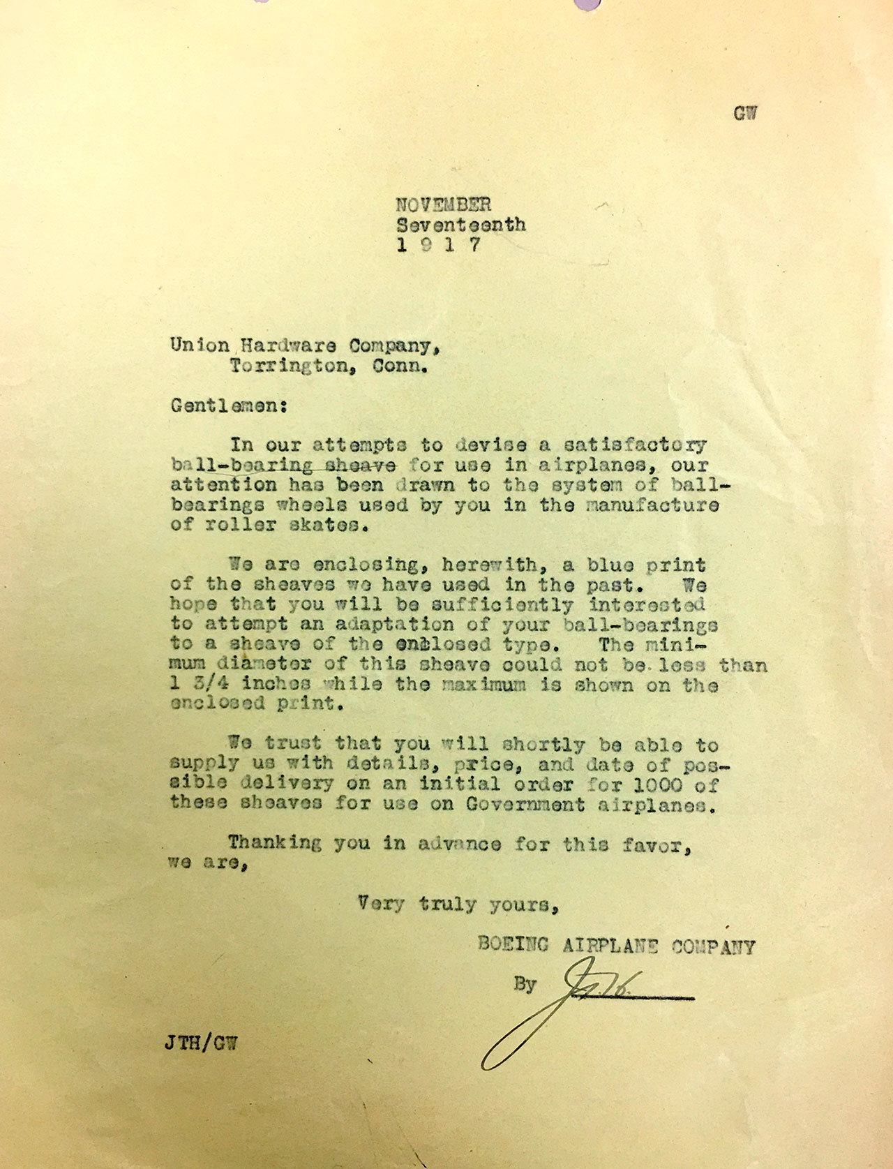 Letter from Boeing to Union Hardware