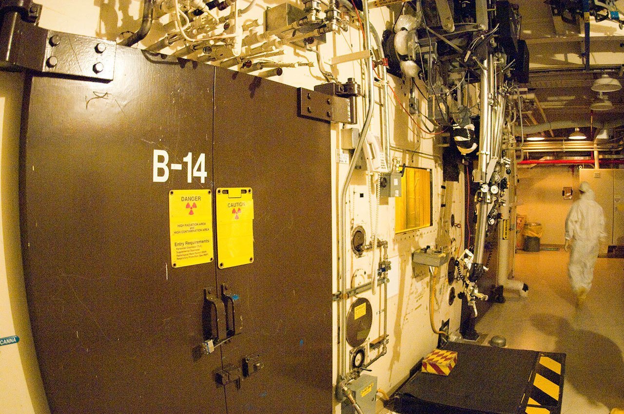 This image shows the wall outside of the 324 Building’s B Cell. This cell is about 20 by 20 feet wide and 30-feet tall. The plan is to eventually fill the cell, and other cells, full of grout, tear the building down around the blocks of grout and wire-saw them into pieces that can be lifted and shipped for disposal at Environmental Restoration Disposal Facility. (Photo courtesy of DOE Hanford Site)