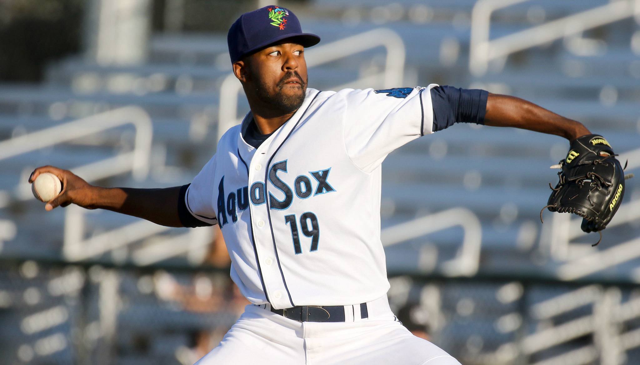 Everett AquaSox starting pitcher Reggie McClain throws a pitch against the Eugene Emeralds on Wednesday at Everett Memorial Stadium. (Kevin Clark / The Herald)