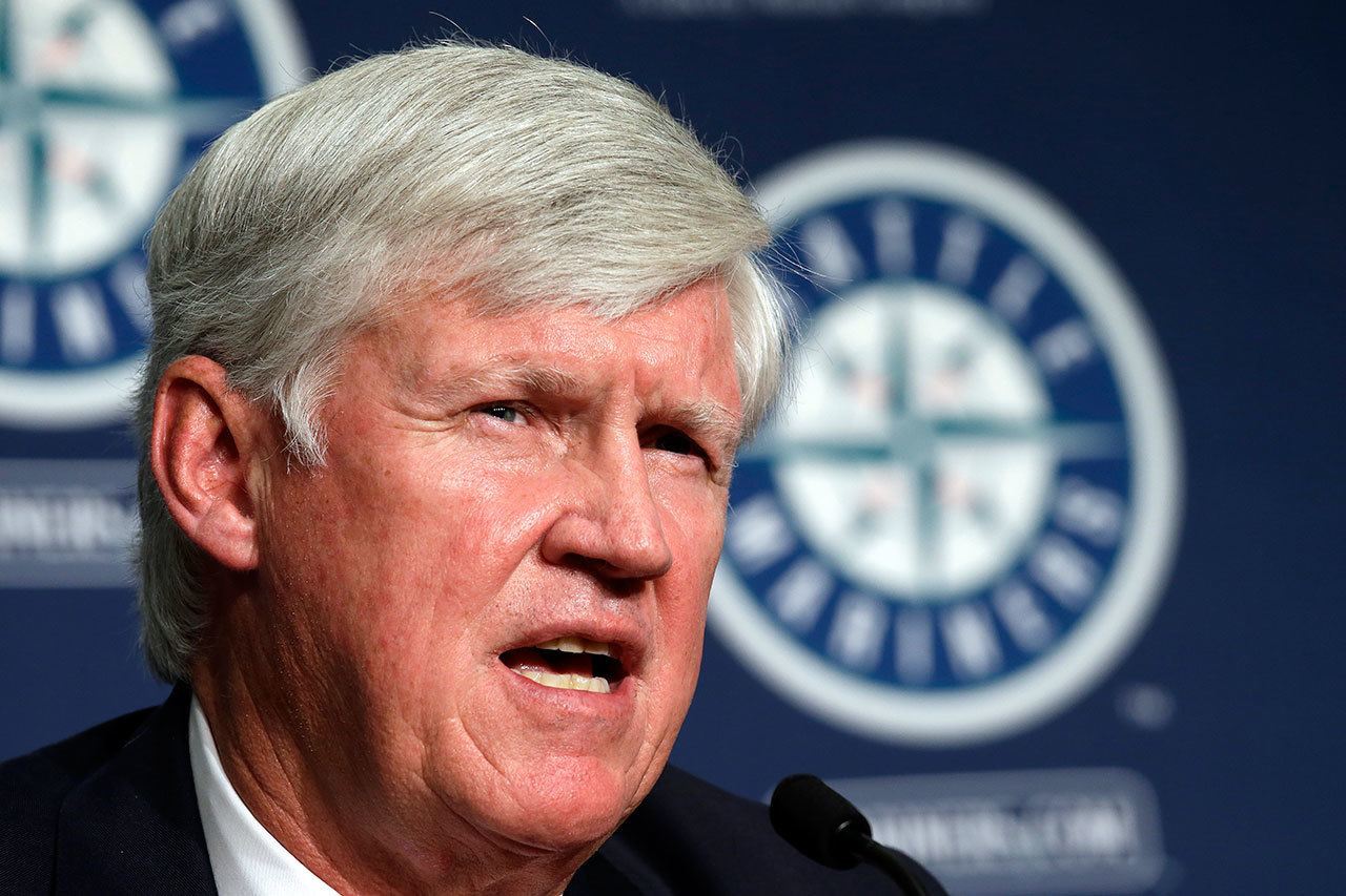 John Stanton, who will become the the Mariners’ chairman and chief executive officer later this season, speaks during a news conference on April 27 in Seattle. (AP Photo/Elaine Thompson)