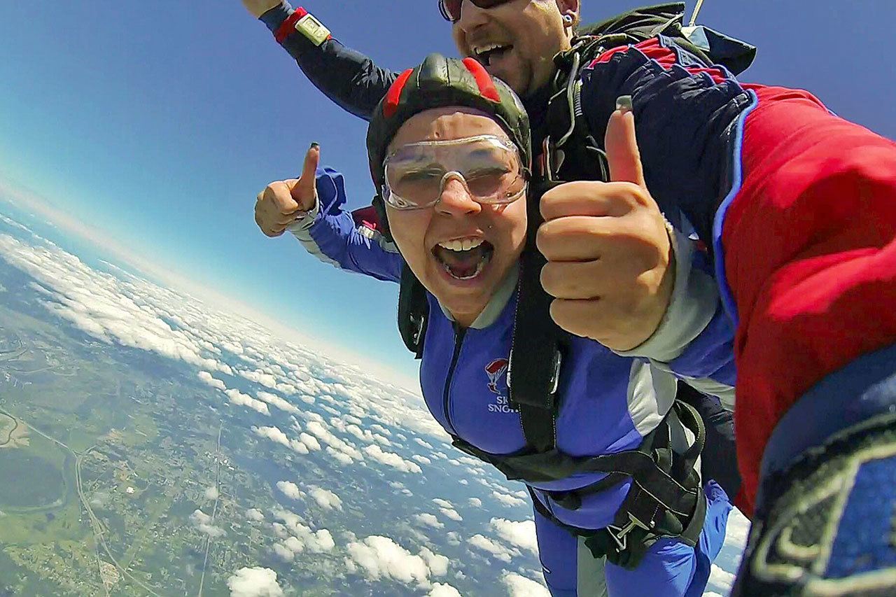 Alyssa (last name withheld), a Housing Hope resident and first-time skydiver, participated in the Fill the Sky with Hope event on June 25. The event, hosted by Skydive Snohomish, raised over $6,000 for Housing Hope. (Contributed photo)