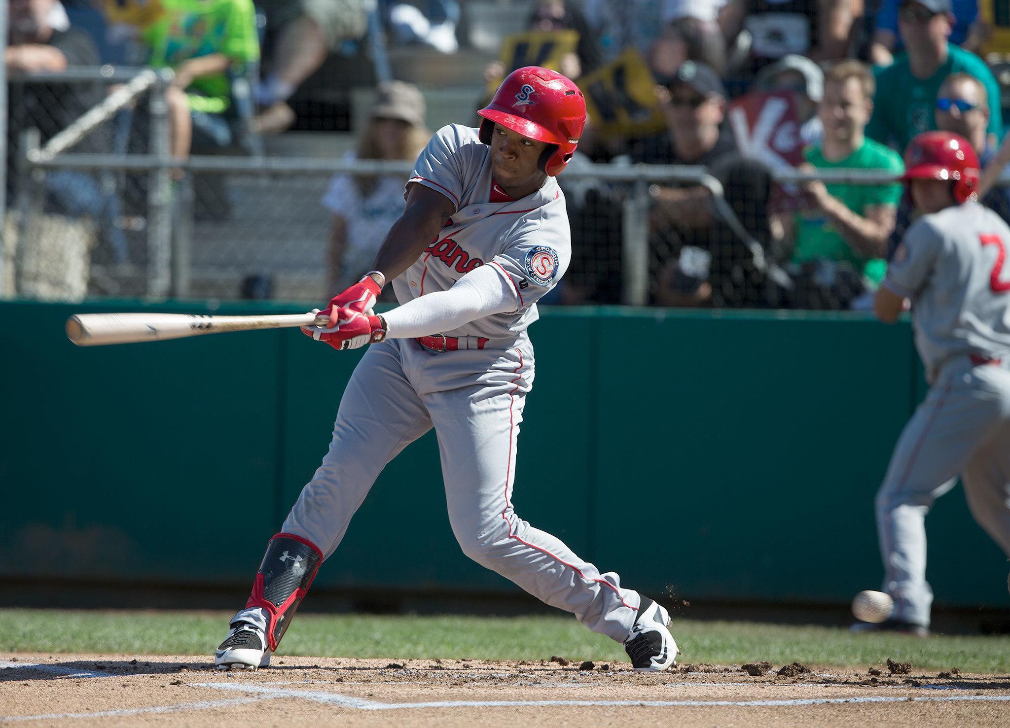 Spokane’s first batter Darius Day swings and misses a pitch by the Seattle Mariner’s Felix Hernandez against the Everett AquaSox against Spokane at Everett Memorial Stadium on Sunday, July 10, 2016 in Everett, Wa. Hernandez pitched for Everett as part of his rehabilitation program. (Andy Bronson / The Herald )