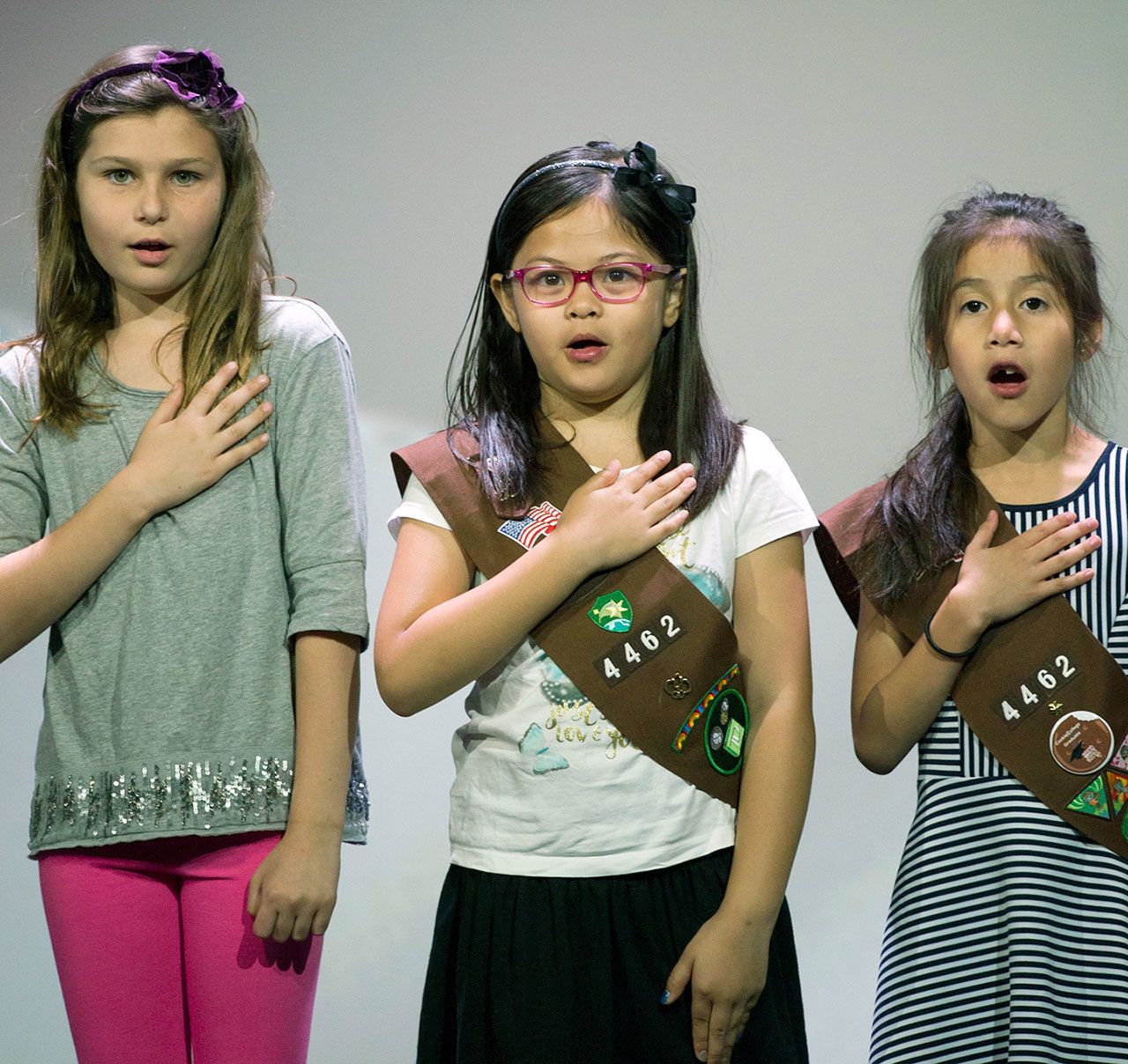 Girls Scouts of the USA say the Pledge of Allegiance to open the White House Summit on the United State of Women in Washington on June 14. (AP Photo/Cliff Owen)