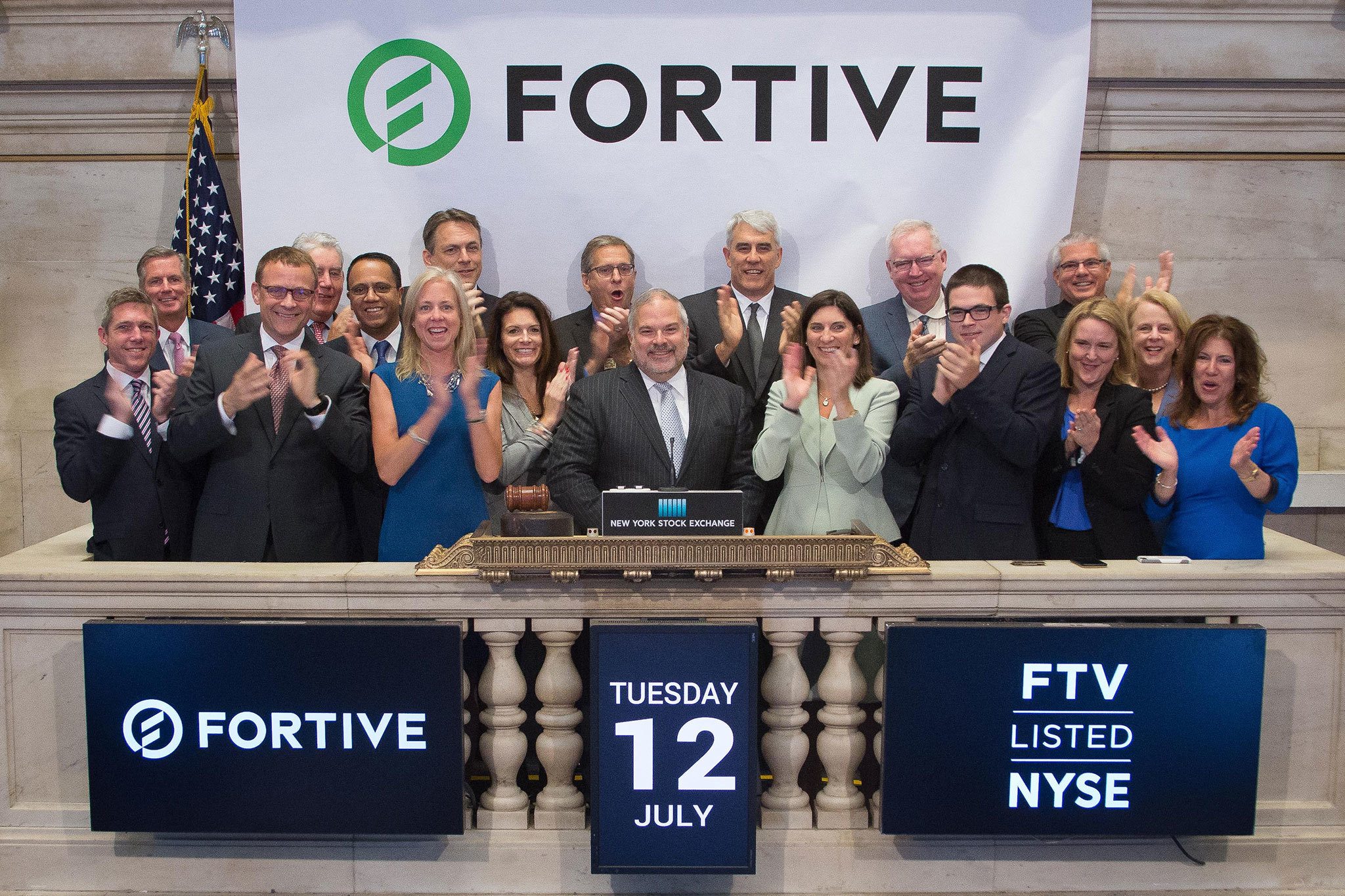 Executives and guests of Washington-based Fortive Corporation visit the New York Stock Exchange to celebrate their recent spin-off from Danaher Corporation. To mark the occasion President & CEO, Jim Lico, rang the opening bell. (Photo courtesy of NYSE)