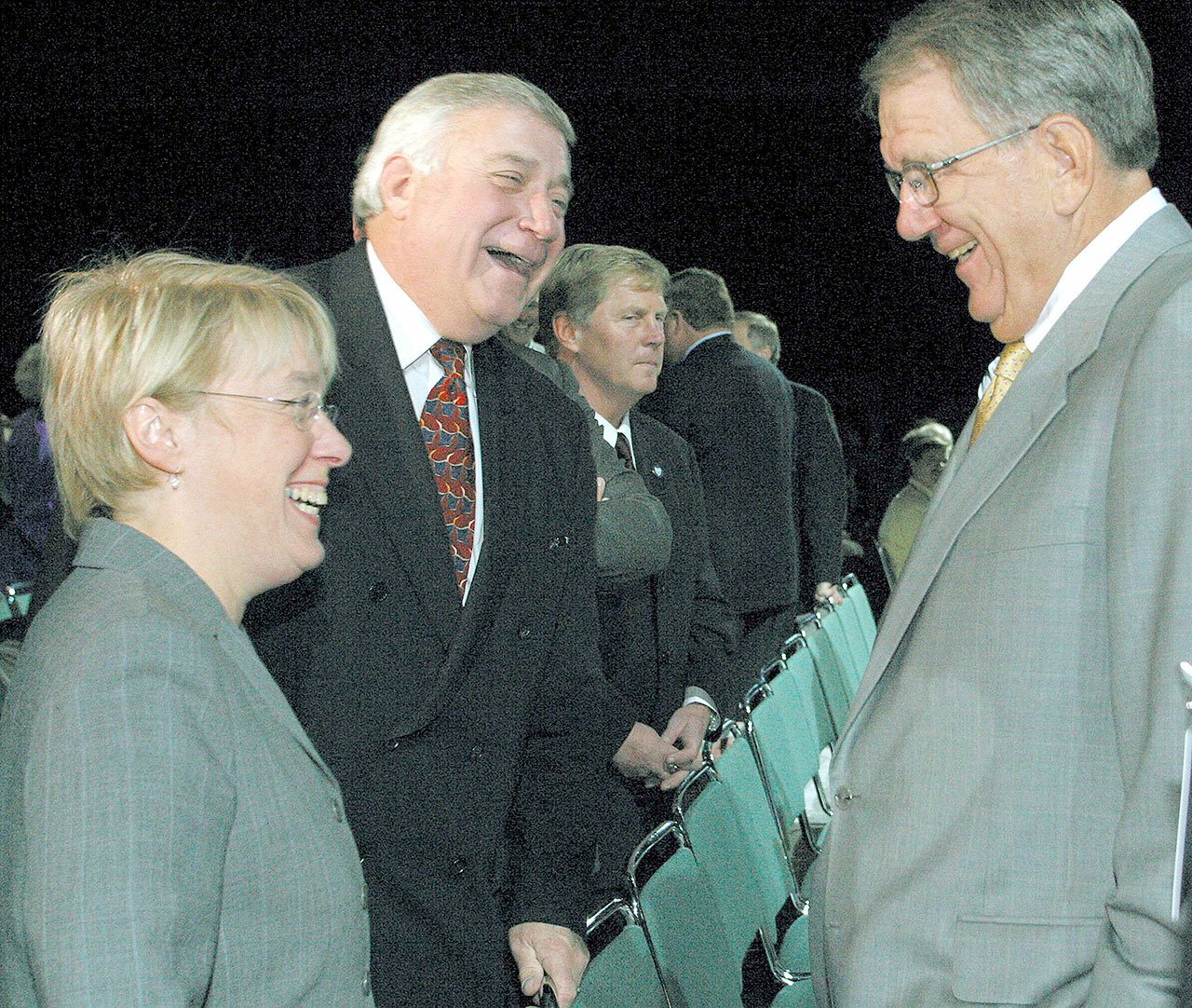 At an event in 2003, U.S. Sen. Patty Murray, then-Snohomish County Executive Bob Drewel and Boeing CEO Harry Stonecipher share a laugh. (Chris Goodenow / Herald file)