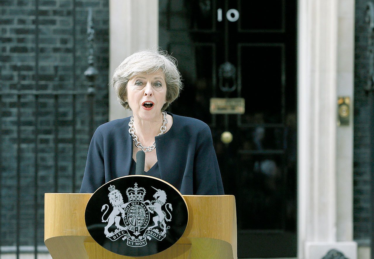 New British Prime Minister Theresa May speaks outside her official residence, 10 Downing Street in London, on Wednesday. (AP Photo/Kirsty Wigglesworth)