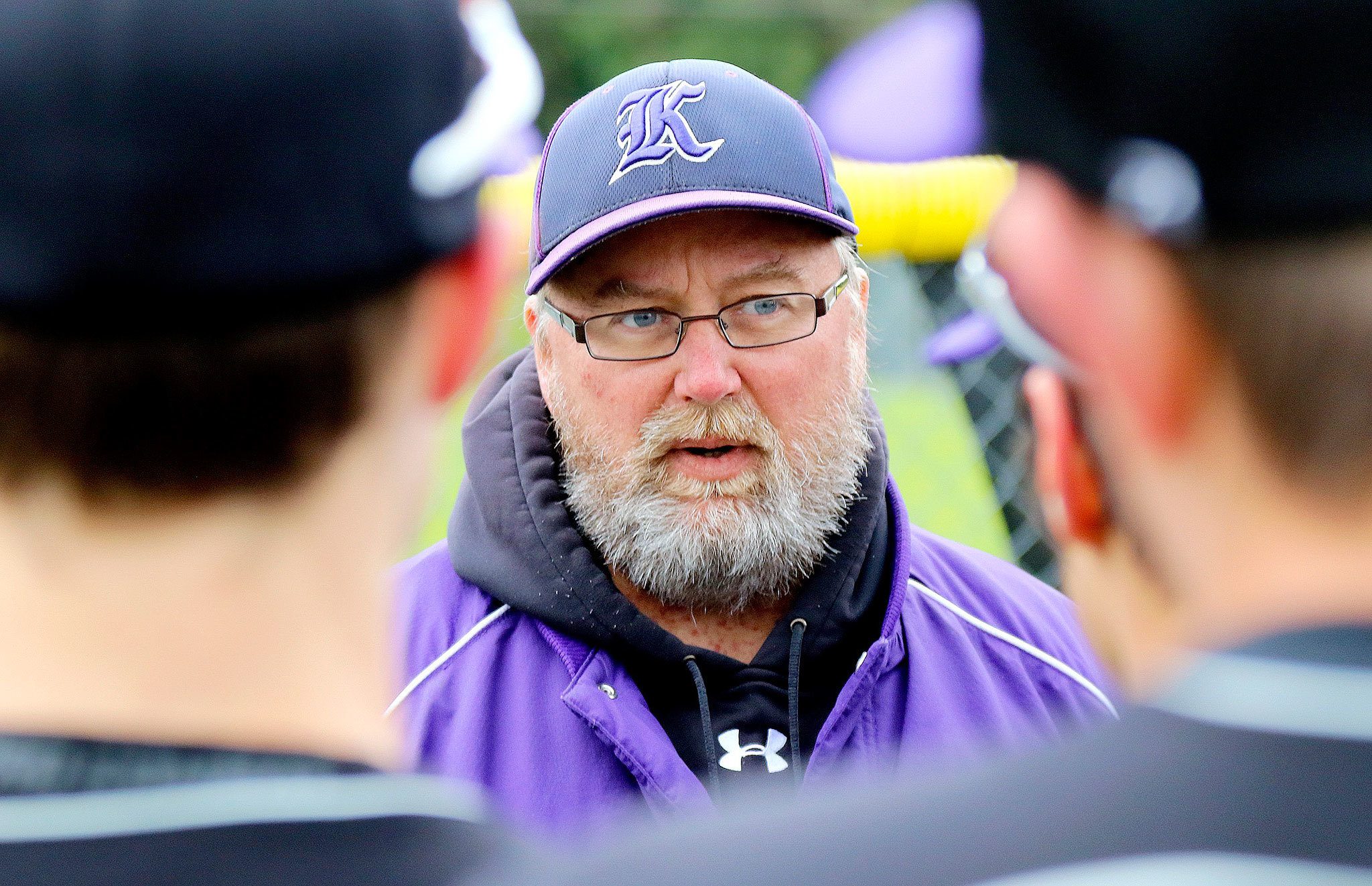 Former Kamiak baseball coach Frank Nickerson addresses the team before a game against Mariner on April 3, 2015, at Kamiak High School in Mukilteo. (Kevin Clark / The Herald)