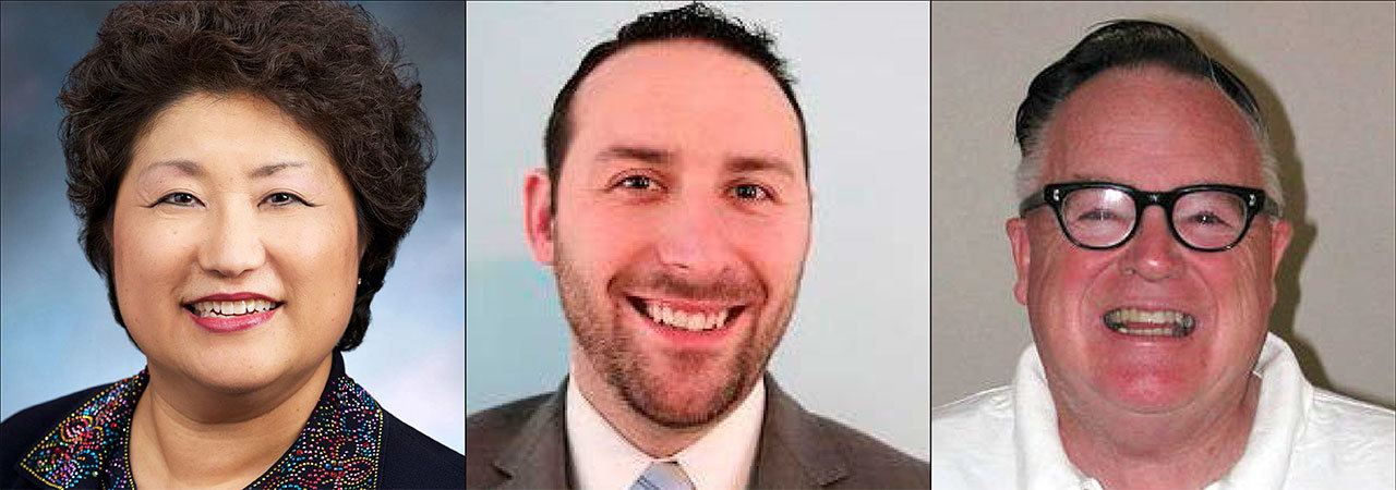 Cindy Ryu, left, faces challengers Keith Smith, center, and Alvin Rutledge for her representative seat in the 32nd District.