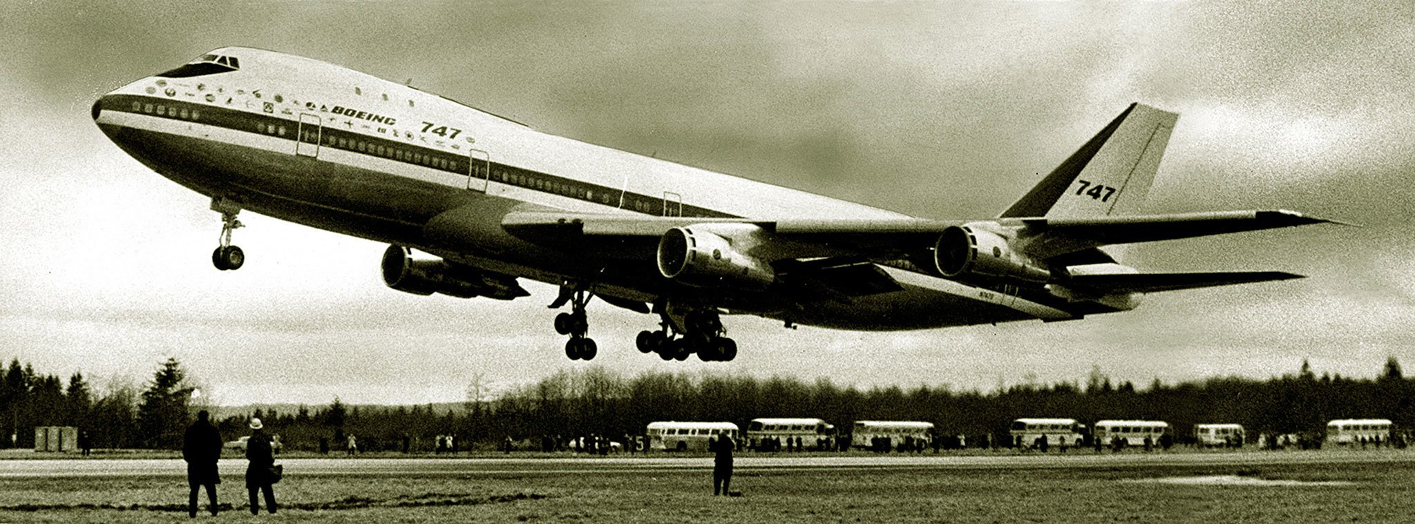 Liftoff of the prototype Boeing 747 on its of maiden flight at Everett’s Paine Field in 1969. (Phil H. Webber)