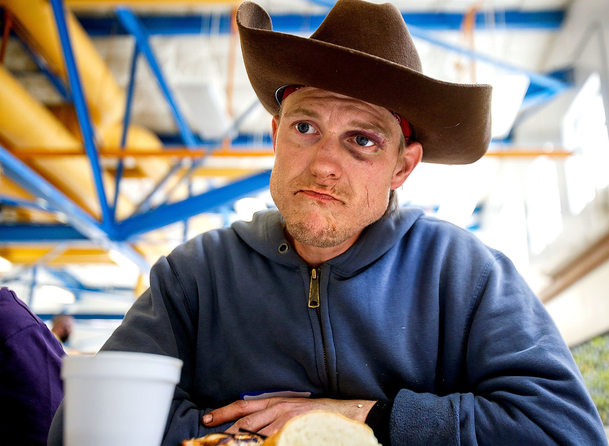 Homelessness has a face. And it belongs to Zachary Standley, 32, of Marysville, as he tries to explain the dangers of living homeless. “Thank God there’s still altruism and good-hearted people,” he said while enjoying a hearty lunch atProject Homeless Connect. (Dan Bates/The Herald)