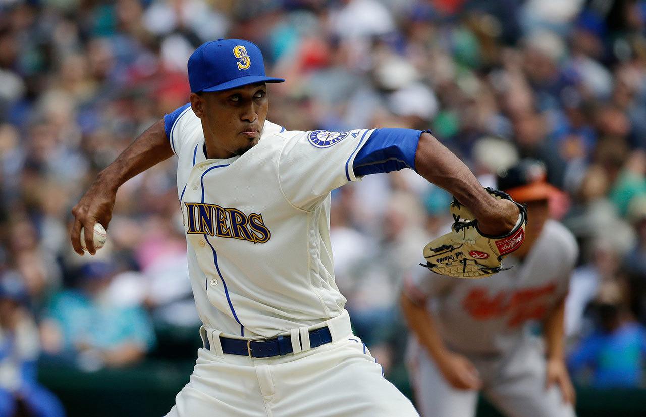 Mariners relief pitcher Edwin Diaz throws against the Orioles during a game on July 3 in Seattle. (AP Photo/Ted S. Warren)