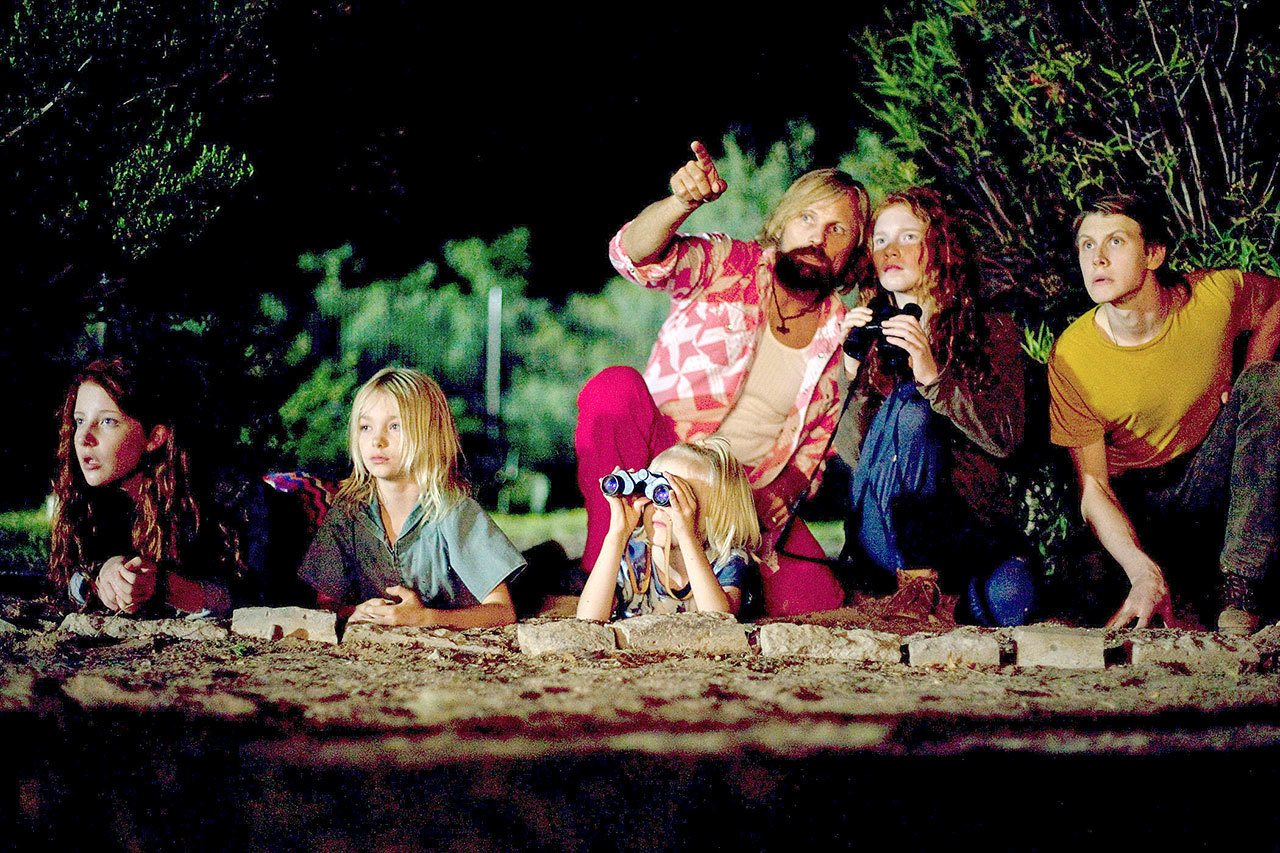 Samantha Isler stars as Kielyr, Shree Crooks stars as Zaja, Viggo Mortensen as Ben, Charlie Shotwell as Nai, Annalise Basso as Vespyr and George MacKay as Bo in “Captain Fantastic.” (Cathy Kanavy, Bleecker Street)