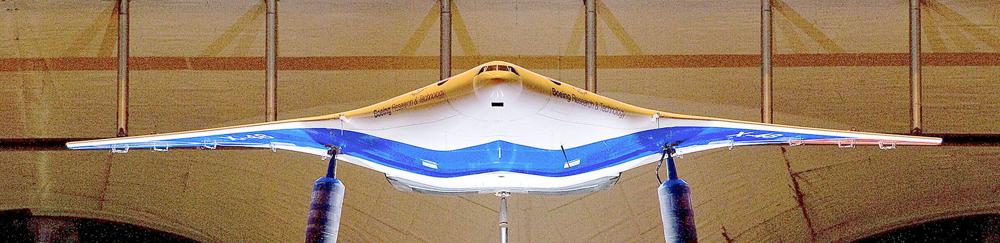 Boeing and NASA have been experimenting with a design for an unmanned aircraft called the X-48, an example of a Blended Wing Body. Blended wing designs, which have little in the way of a fuselage and sometimes no tail, could greatly increase fuel efficiency. The X-48 shown here is a scale model with a 21-foot wingspan; at full size, the aircraft would have a wingspan of 240 feet. (Boeing Co.)