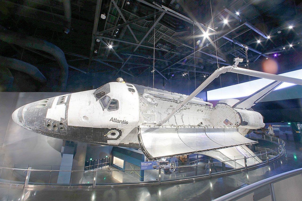 The space shuttle Atlantis on display at the Kennedy Space Center Visitor Complex in Cape Canaveral, Florida. (AP Photo/John Raoux)