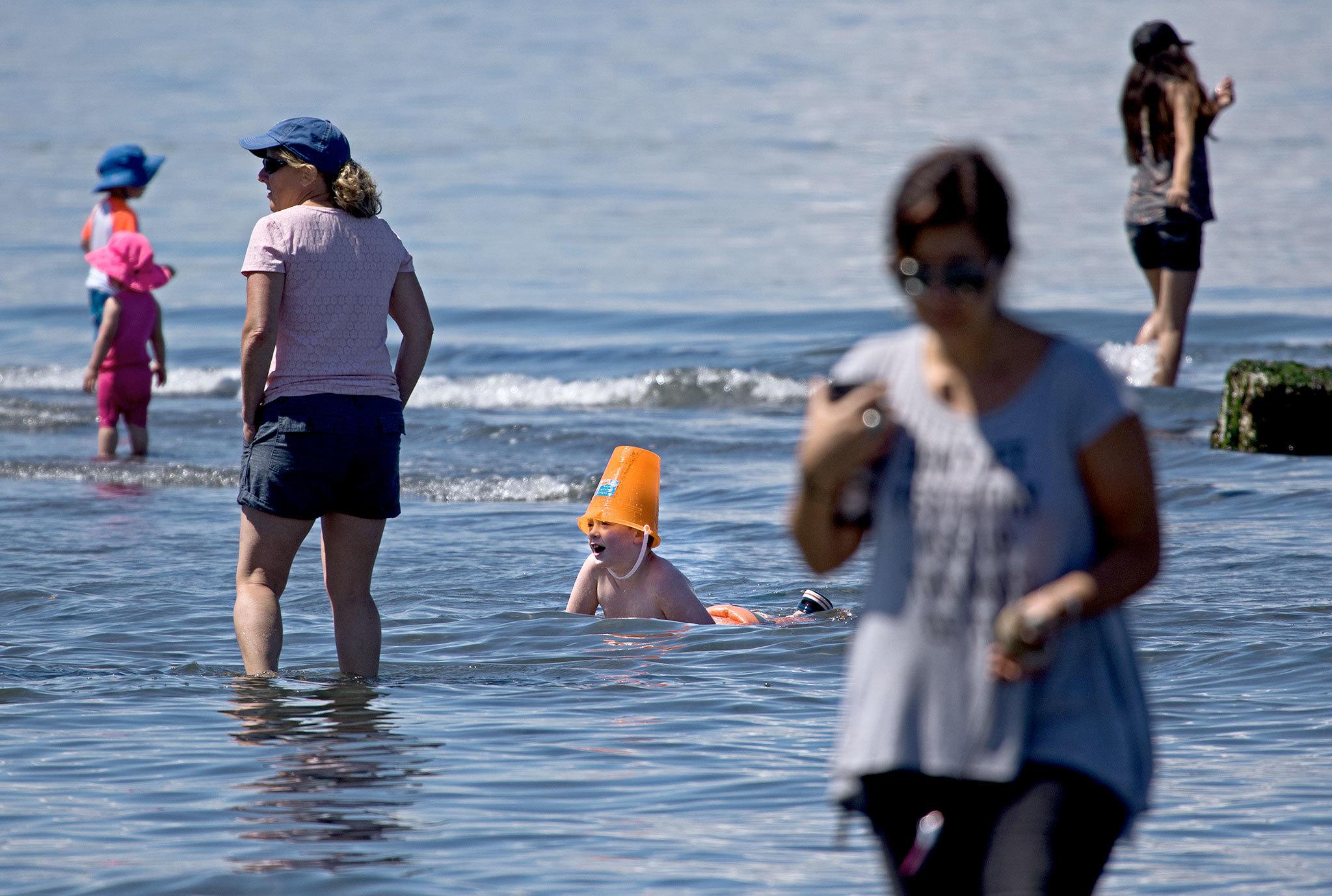 Jaxson Dunphy, 7, wears a bucket on his head as he swims to shore at Edmonds’ Marina Beach on Wednesday. ( Andy Bronson / The Herald )