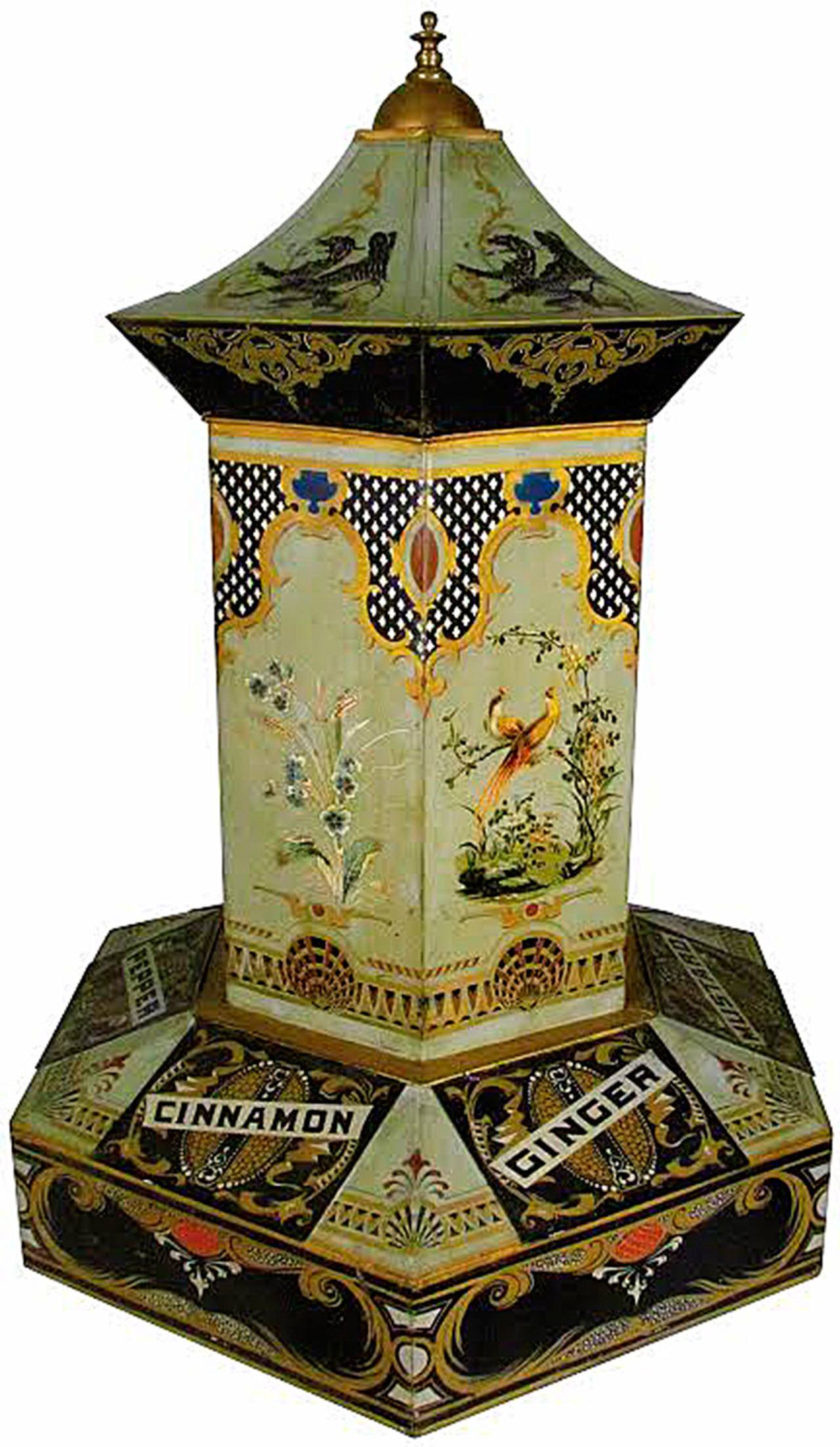 A country store spice bin shaped like a Pagoda sold for $3,300 because of its rarity, condition, and size. The lithographed tin Pagoda held six different spices that were ladled into bags by the store clerk in about 1890.