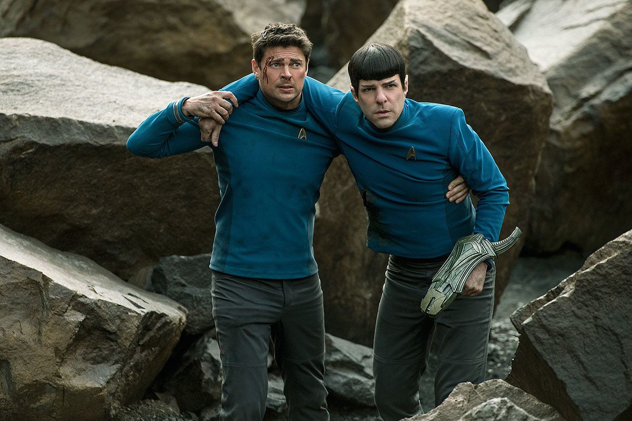 Karl Urban stars as Bones and Zachary Quinto portrays Spock in “Star Trek Beyond.” The film keeps the action moving while honoring the beloved history of “Star Trek.”(Kimberley French/Paramount)