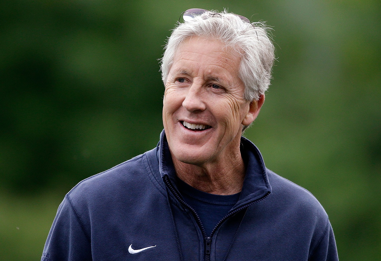 Seattle Seahawks head coach Pete Carroll smiles at an NFL football practice Thursday in Renton. (AP Photo/Elaine Thompson)