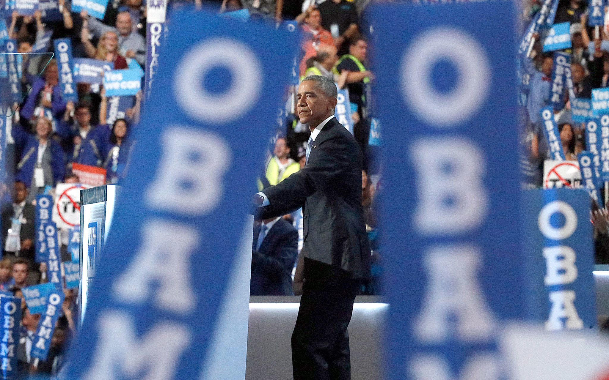 President Barack Obama speaks during the third day of the Democratic National Convention in Philadelphia on Wednesday. (AP Photo/Paul Sancya)
