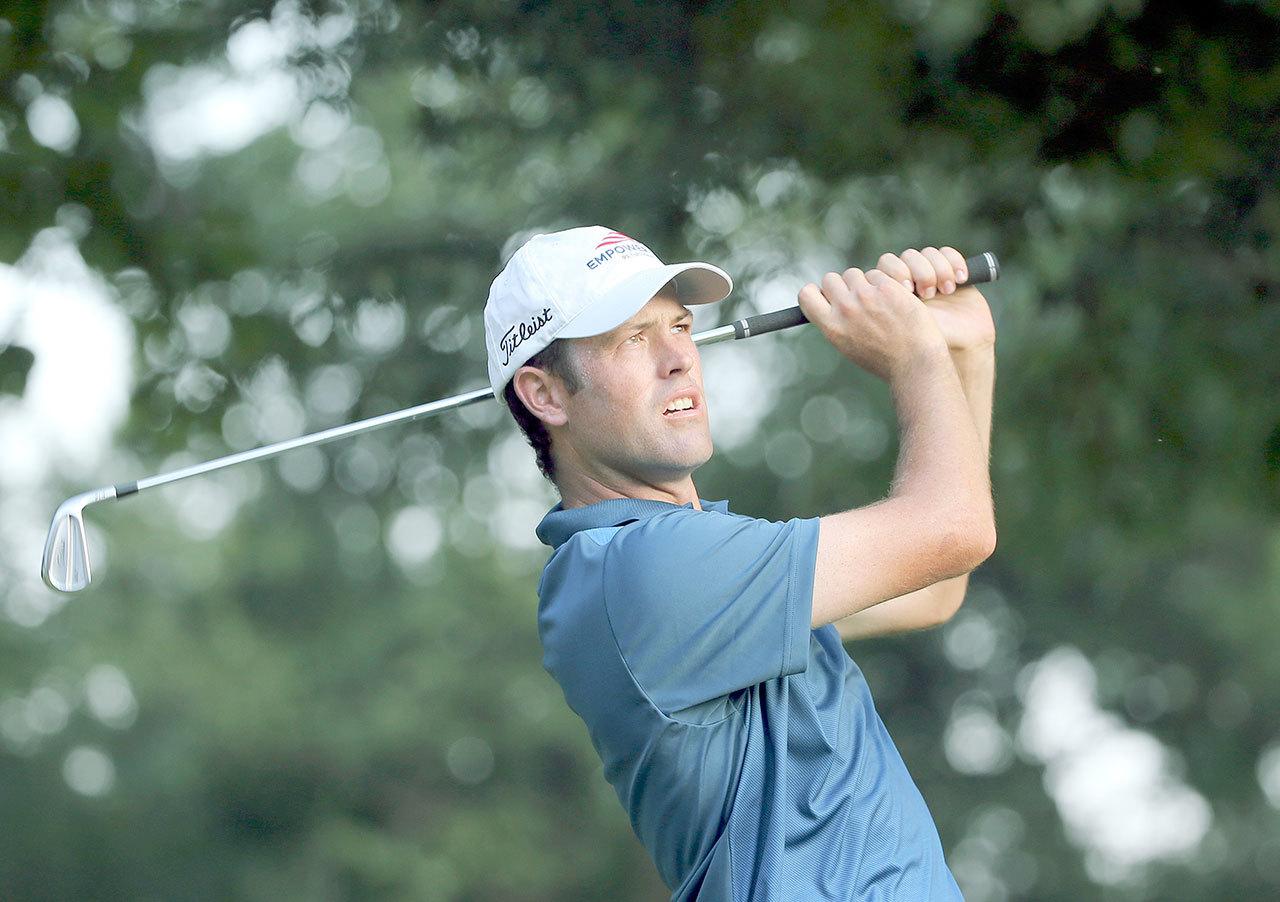 Robert Streb watches his tee shot on the eighth hole during the second round of the PGA Championship at Baltusrol Golf Club in Springfield, N.J. on Friday. Streb is tied with Jimmy Walker for the overall lead after 36 holes. (AP Photo/Seth Wenig)