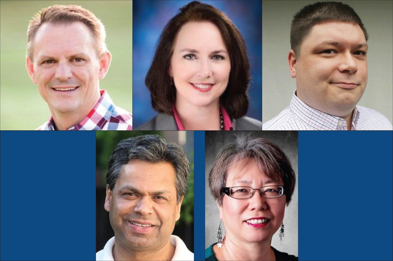 Top row, from left: Republican Jim Langston, and Democrats Shelley Kloba, Aaron Moreau-Cook, and (bottom row) Darshan Rauniyar and Kyoko Matsumoto Wright are running for the position that Democratic State Rep. Luis Moscoso is giving up to run for the state senate.
