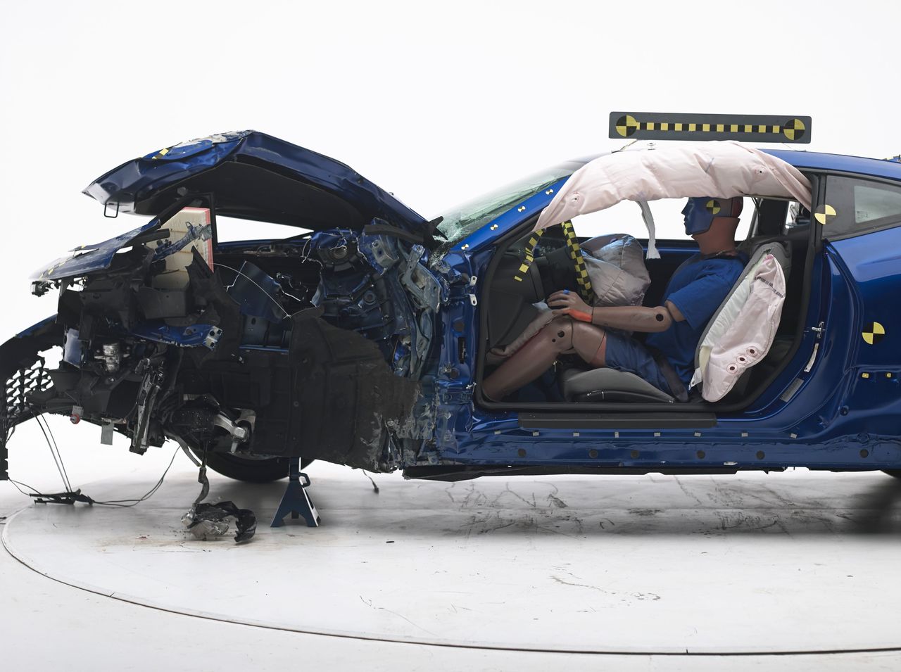 This March 24 photo shows a 2016 Chevrolet Camaro after a crash test at the Insurance Institute for Highway Safety’s Vehicle Research Center in Ruckersville, Virginia.