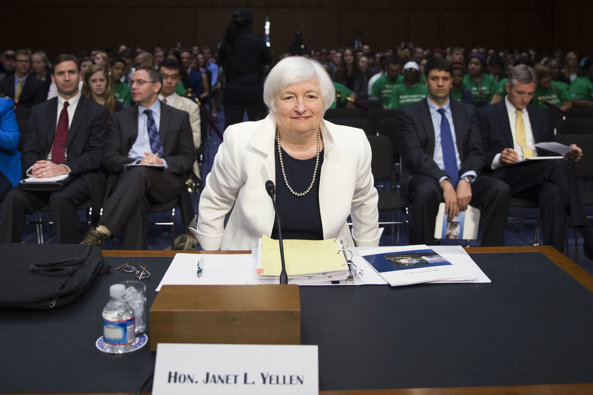 Federal Reserve Chairman Janet Yellen arrives on Capitol Hill in Washington on Tuesday to testify before the Senate Banking Committee. Yellen said the U.S. economy faces a number of uncertainties that require the Fed to proceed cautiously in raising interest rates.