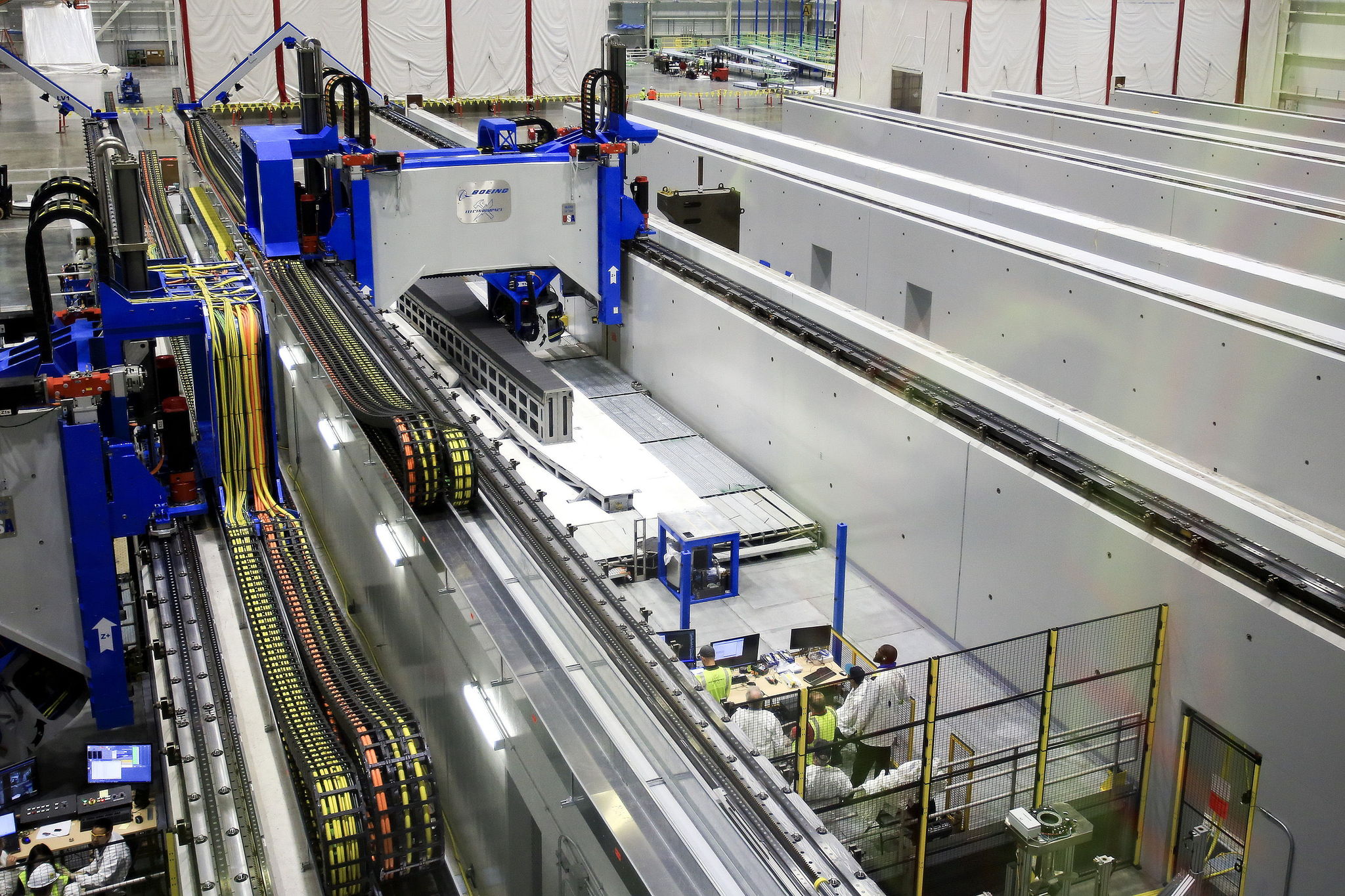 The gantry system is tested at the new 777x Composite Wing Center at Paine Field in Everett.