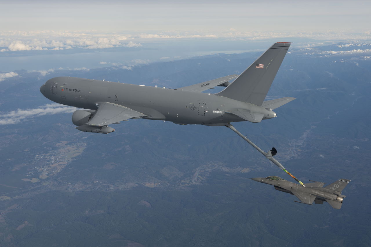 Boeing’s first KC-46 aerial-refueling tanker refuels an F-16 fighter in flight over Washington in January.