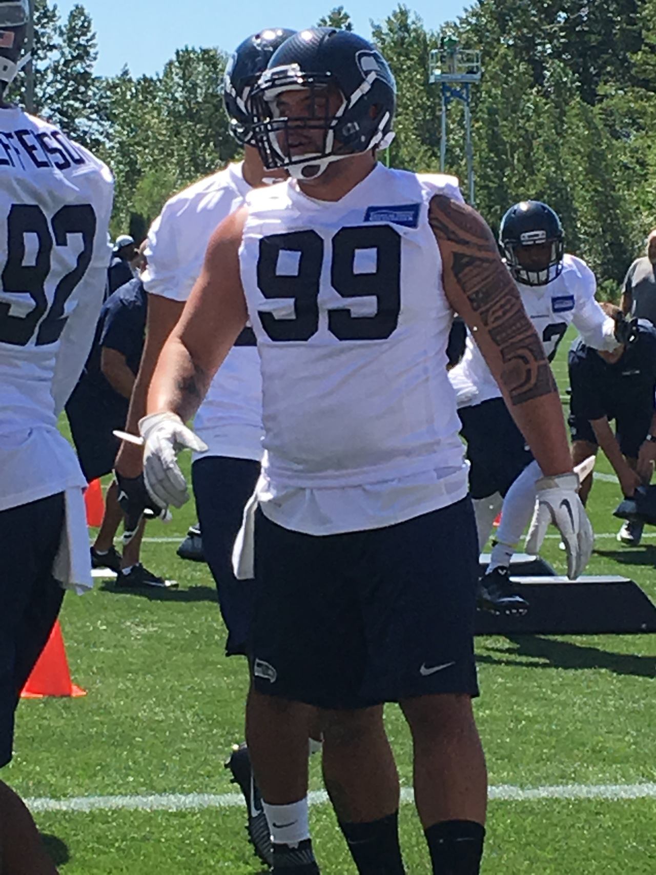 Archbishop Murphy High School graduate Taniela Tupou participates in the first day of Seahawks rookie minicamp Friday at the Virginia Mason Athletic Center.