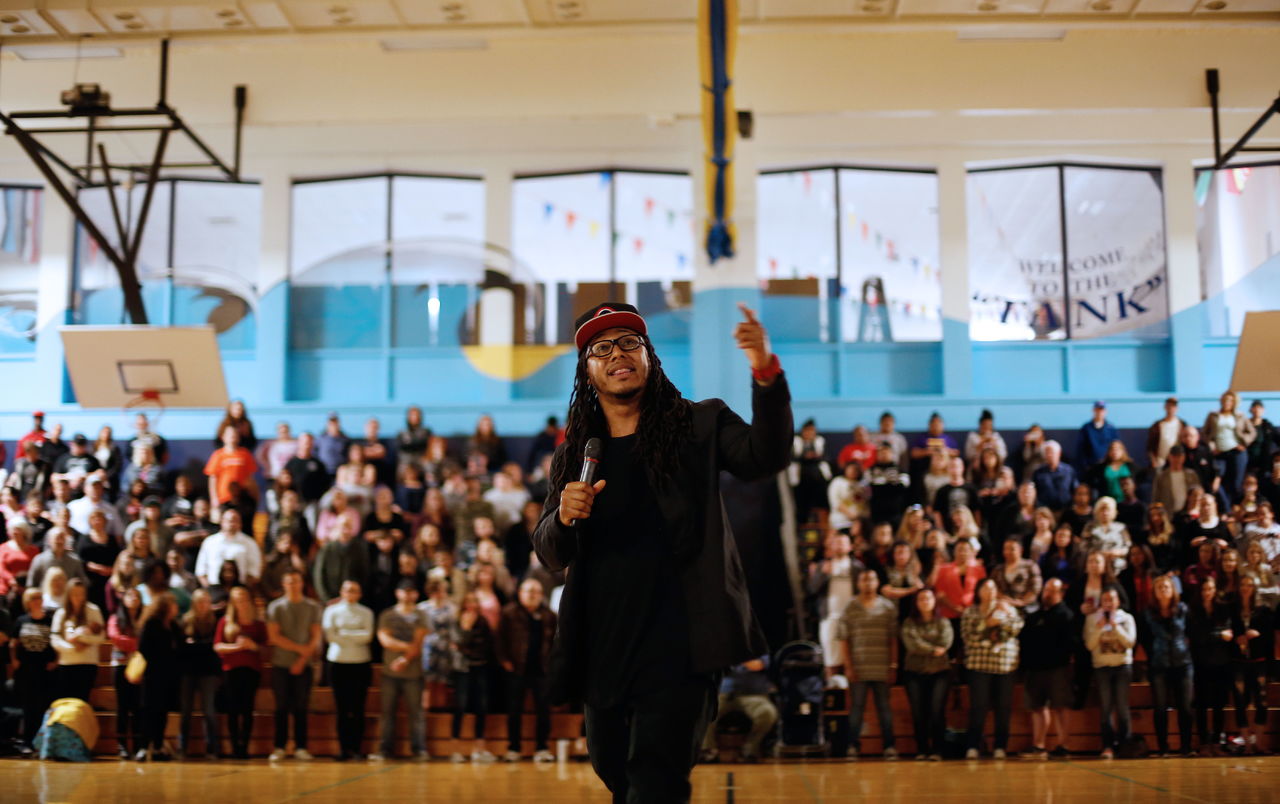 Former NFL wide receiver Trent Shelton talks during a Hope Soldiers rally April 15, 2015, at Mariner High School. The theme of this year’s event, Friday at Mariner, is called “The Revival.” Shelton and Lauren Davis, who helped pass a state law helping families affected by addiction, will speak.