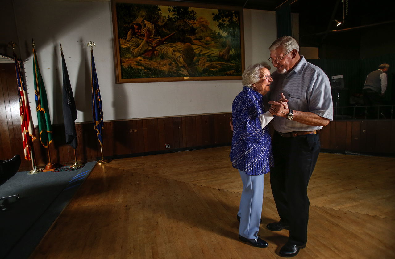 Rita Jozefczyk, 88, dances with her husband, Stan, 83, at the Veterans of Foreign Wars Post 2100 hall in Everett on Wednesday. They are regulars on the VFW dance floor, where the Eddy Fukano Band performs vintage favorites at VFW dances 7-10 p.m. every Wednesday.
