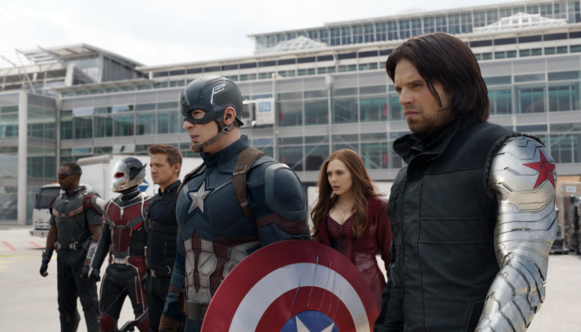Anthony Mackie, Paul Rudd, Jeremy Renner, Chris Evans, Elizabeth Olsen and Sebastian Stan appear in a scene from “Captain America: Civil War.”