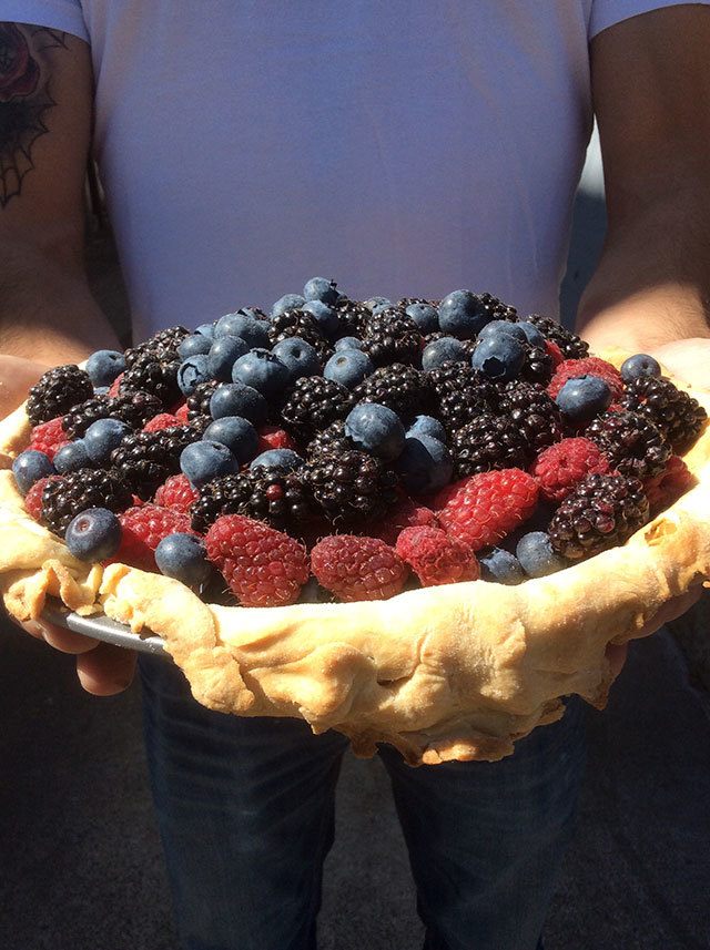 Marion berries, blueberries, and raspberries make up the fruit in the triple berry pie with cream cheese filling.