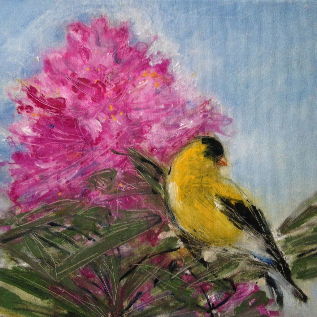 Mary’s Lamery’s painting of a rhododendron and an American goldfinch bring the subjects to life with bright colors but without exact details.

