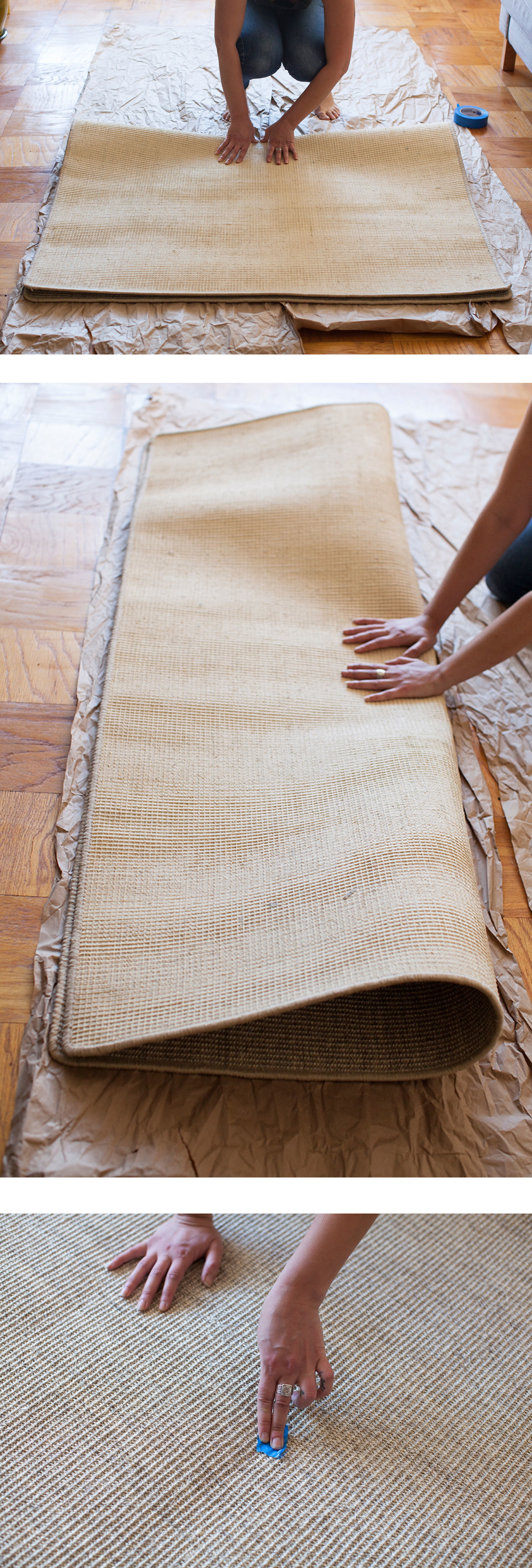 Step 1: Fold the rug in half by length and width to determine the center point. You may also use a tape measure if your rug isn’t pliable enough to bend. Mark it with a piece of tape.