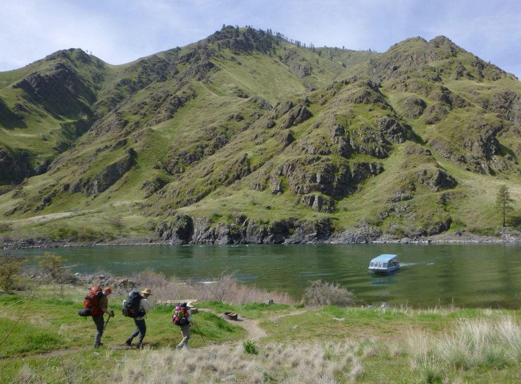 A Hells Canyon jet boat tour operator motors into the shore at Upper Pittsburg Landing to pick up a load of Spokane Mountaineers who’d booked a shuttle 26 miles upstream in order to hike back on Snake River Trail 102 from Granite Creek.

