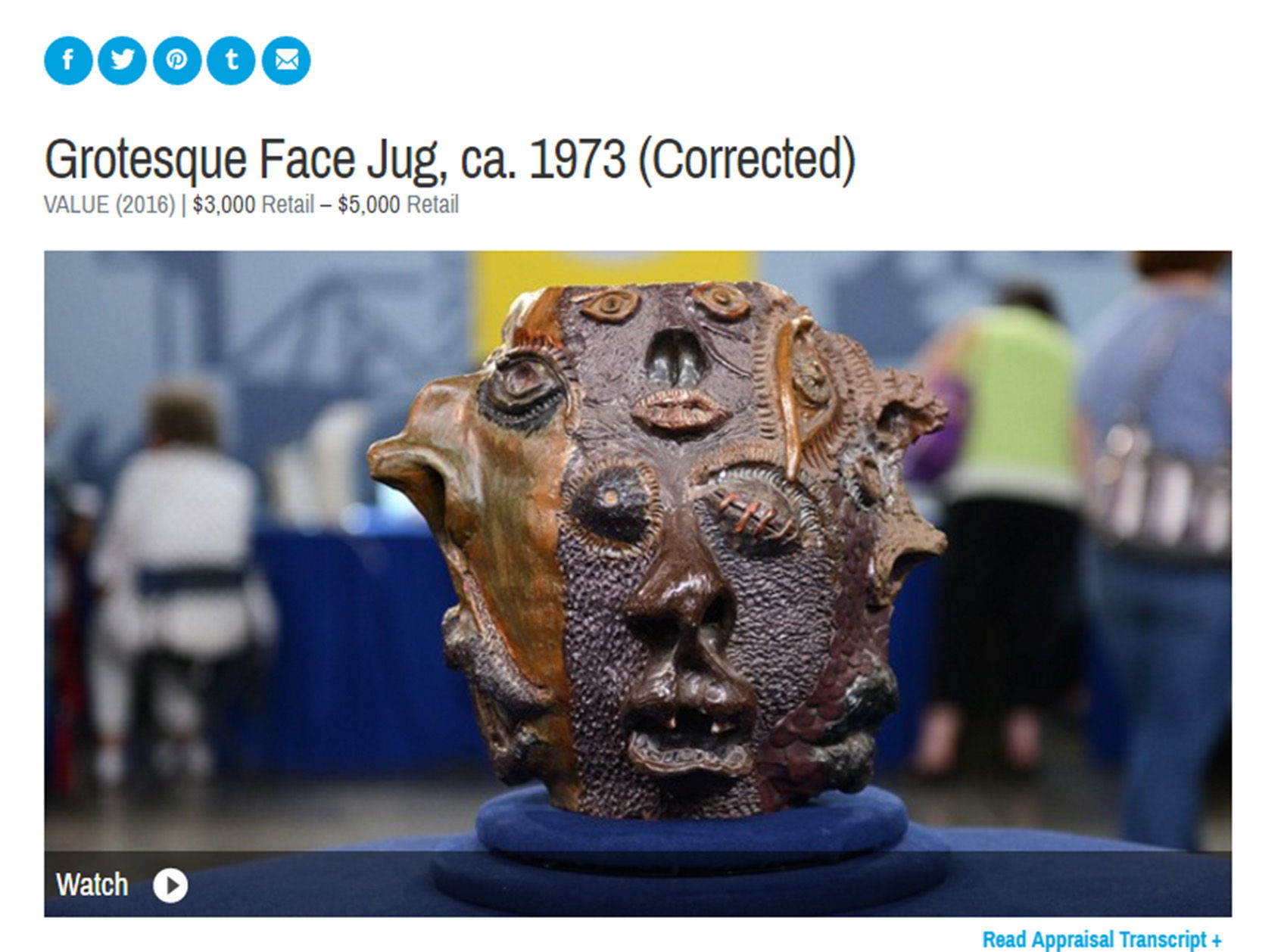 A screen capture from the “Antiques Roadshow” website shows the “Grotesque Face Jug.”