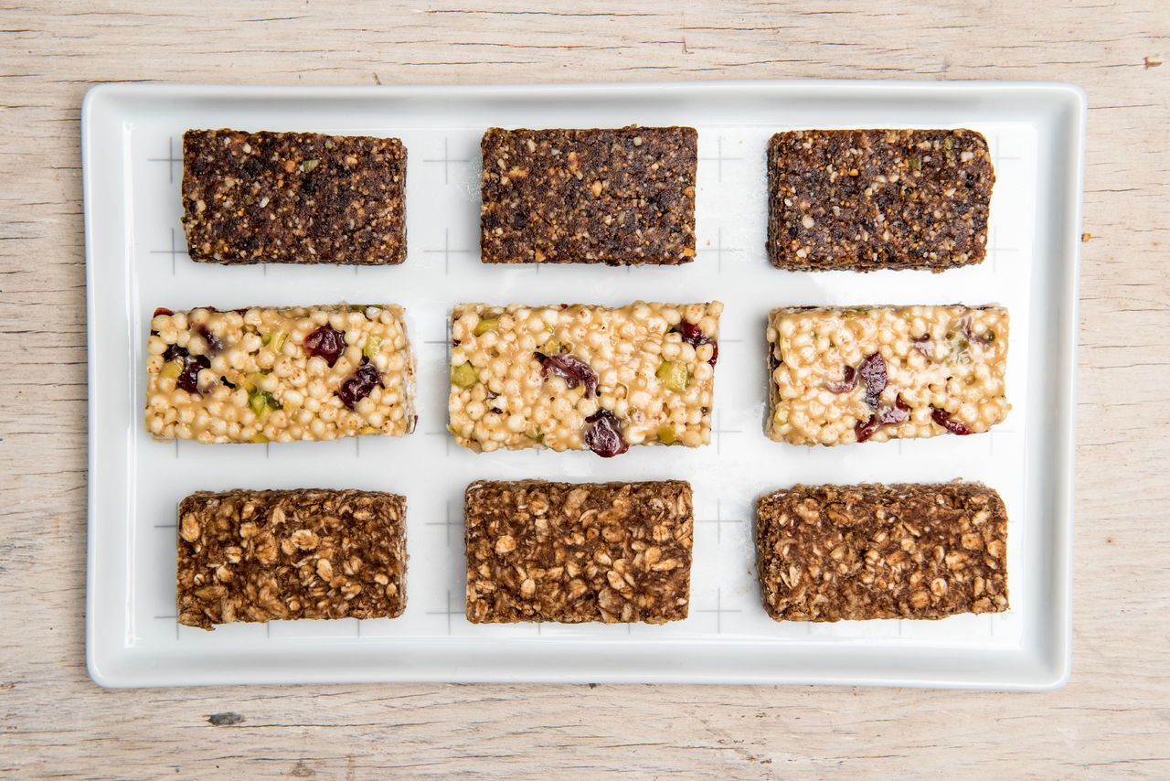 Peanut snack bars (top), chewy cranberry, millet and pistachio bars and banana breakfast bars, bottom.