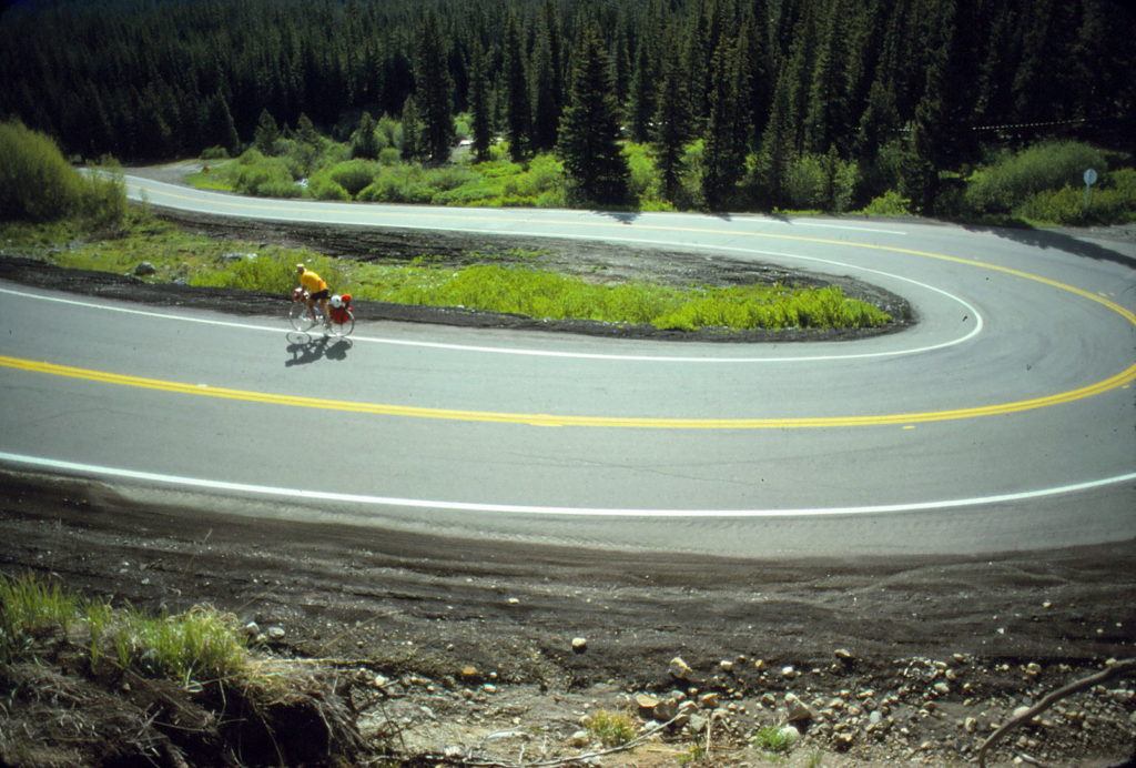 A bicycle tourist ascends another Rocky Mountains pass in Colorado while pedaling the Transamerica Bicycle Trail in 1976, the year the route was unveiled by Missoula-based Bikecentennial.
