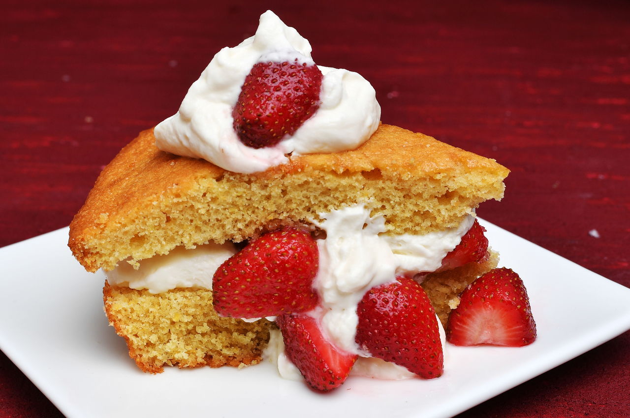 Cornmeal skillet cake with strawberries makes use of strawberries, which are in season right now. You can find them at local farmers markets and some fruit stands.
