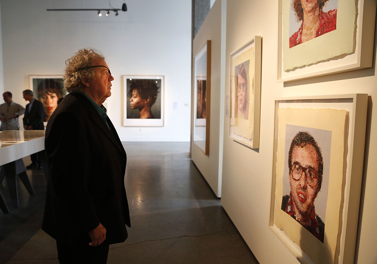 Dale Chihuly visits the Schack Art Center in Everett and checks out the artwork before meeting with Chuck Close, Friday.