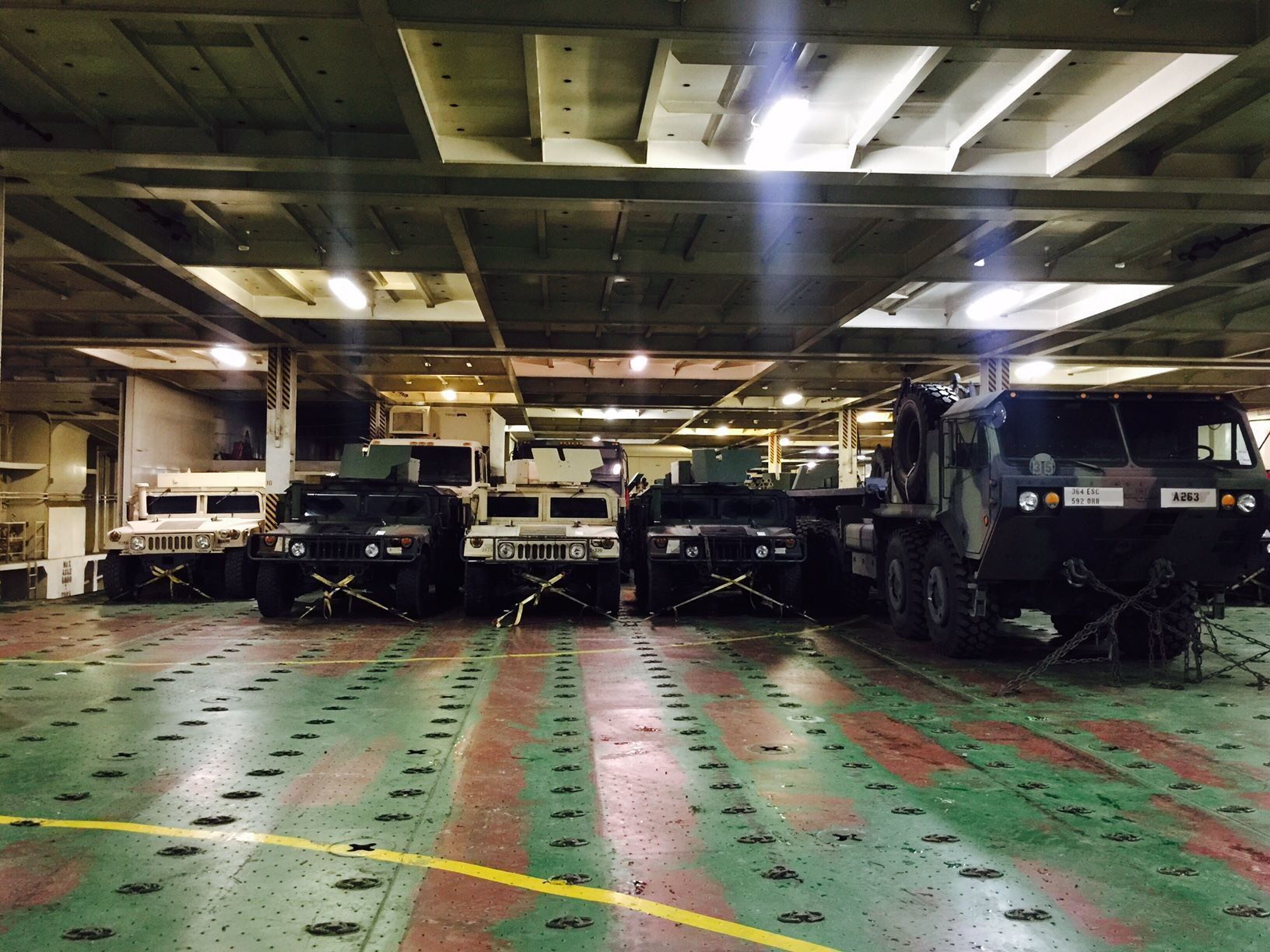 U.S. Army Reserve Humvees and a Heavy Expanded Mobility Tactical Truck belonging to the 364th Expeditionary Sustainment Command are tied down on the ARC Integrity transport ship on the way to Poland.