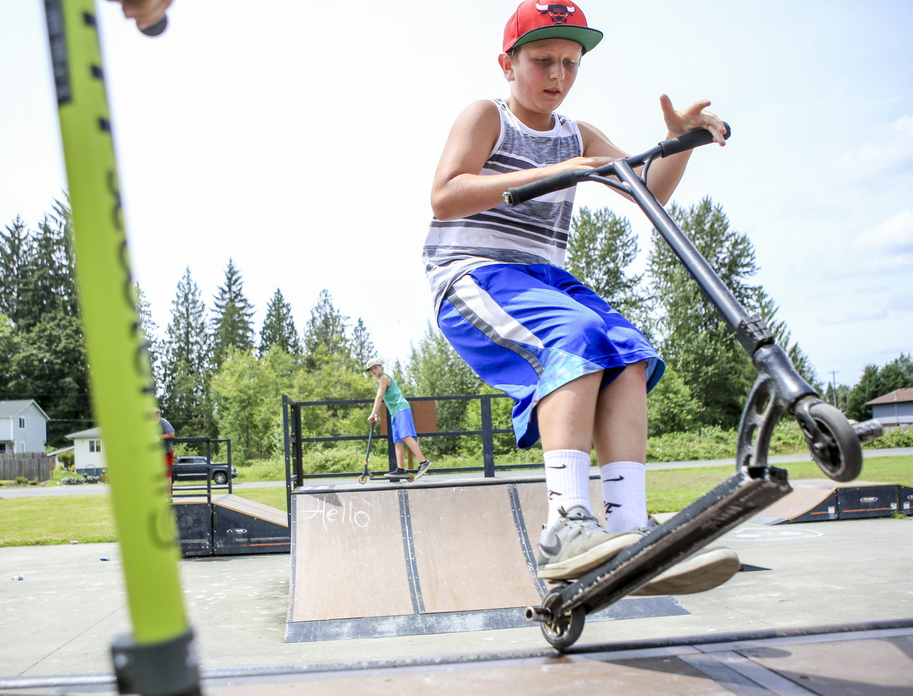 Gage Bain, 13, works the ramps Wednesday afternoon at the Jim Holm Park in Granite Falls. The downtown stake park will receive $51,600 to overhaul and install streetscape-style obstacles that are expected to appeal to a wider variety of riders.