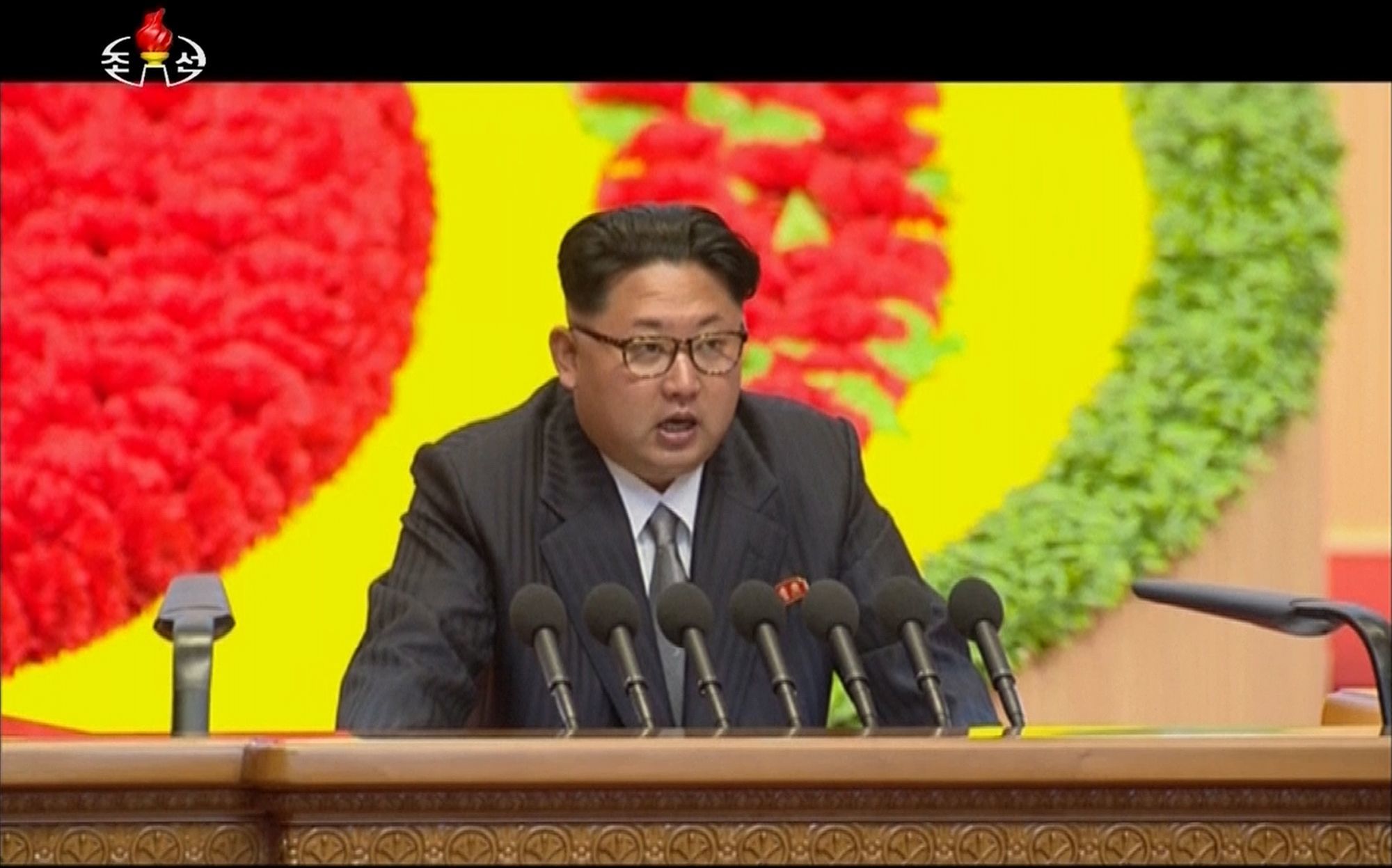 In this image made from video, North Korean leader Kim Jong Un speaks at the party congress in Pyongyang, North Korea, on Sunday.